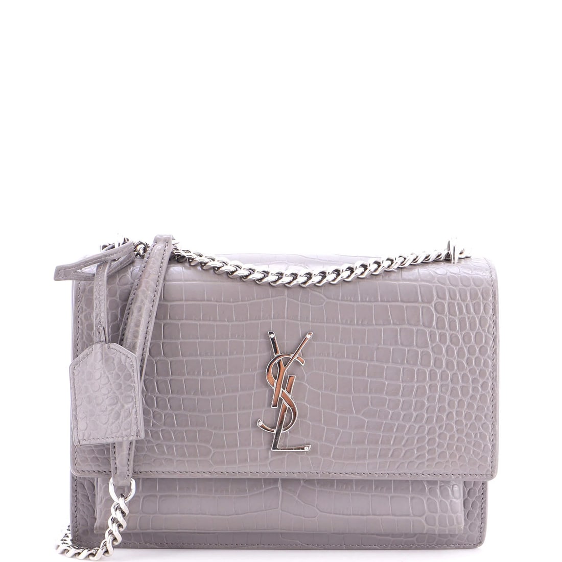 Laurent Saint Crocodile Embossed Leather Medium Crossbody Bag: Laurent Saint Crocodile Embossed Leather Medium Crossbody Bag Gray crocodile embossed leather medium crossbody bag with suede interior, featuring silver hardware. The bag boasts a classic design with 