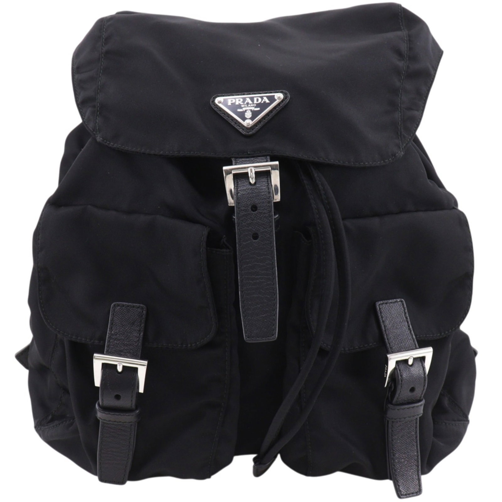 Backpack Nylon Prada: Backpack Nylon Prada Black Nylon Prada Backpack with Classic Design. Made from durable nylon, this backpack features a timeless design with a 31cm x 30cm x 15cm size. The sleek black color and signatu