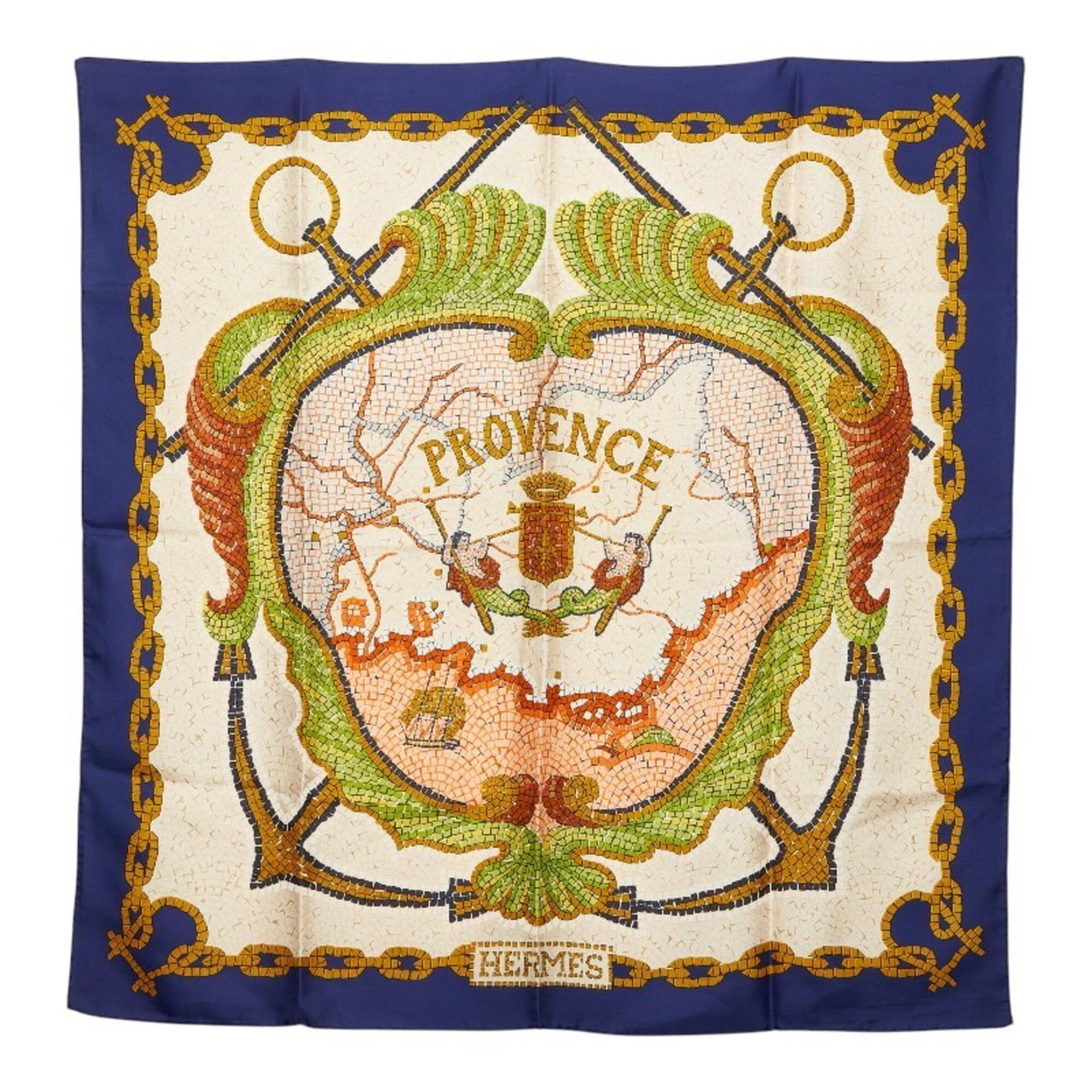 Silk Hermes Scarf: Silk Hermes Scarf Silk from renowned French fashion house Hermes, this multi-color scarf boasts a vibrant and eclectic design. Made from high-quality silk, its 88cm x 88cm dimensions make it a