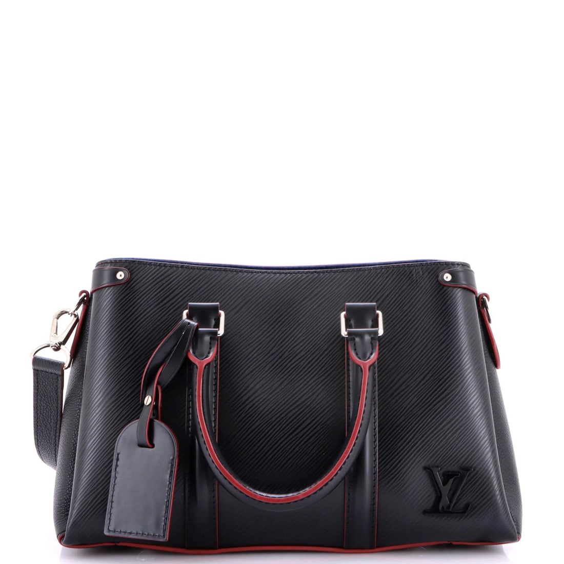 Vuitton Soufflot Epi Leather Louis Tote: Vuitton Soufflot Epi Leather Louis Tote Black Louis Vuitton Soufflot Epi Leather Tote with microfiber blue interior, silver hardware, and a classic design. Measuring 7.5" tall and 11.5" wide, this