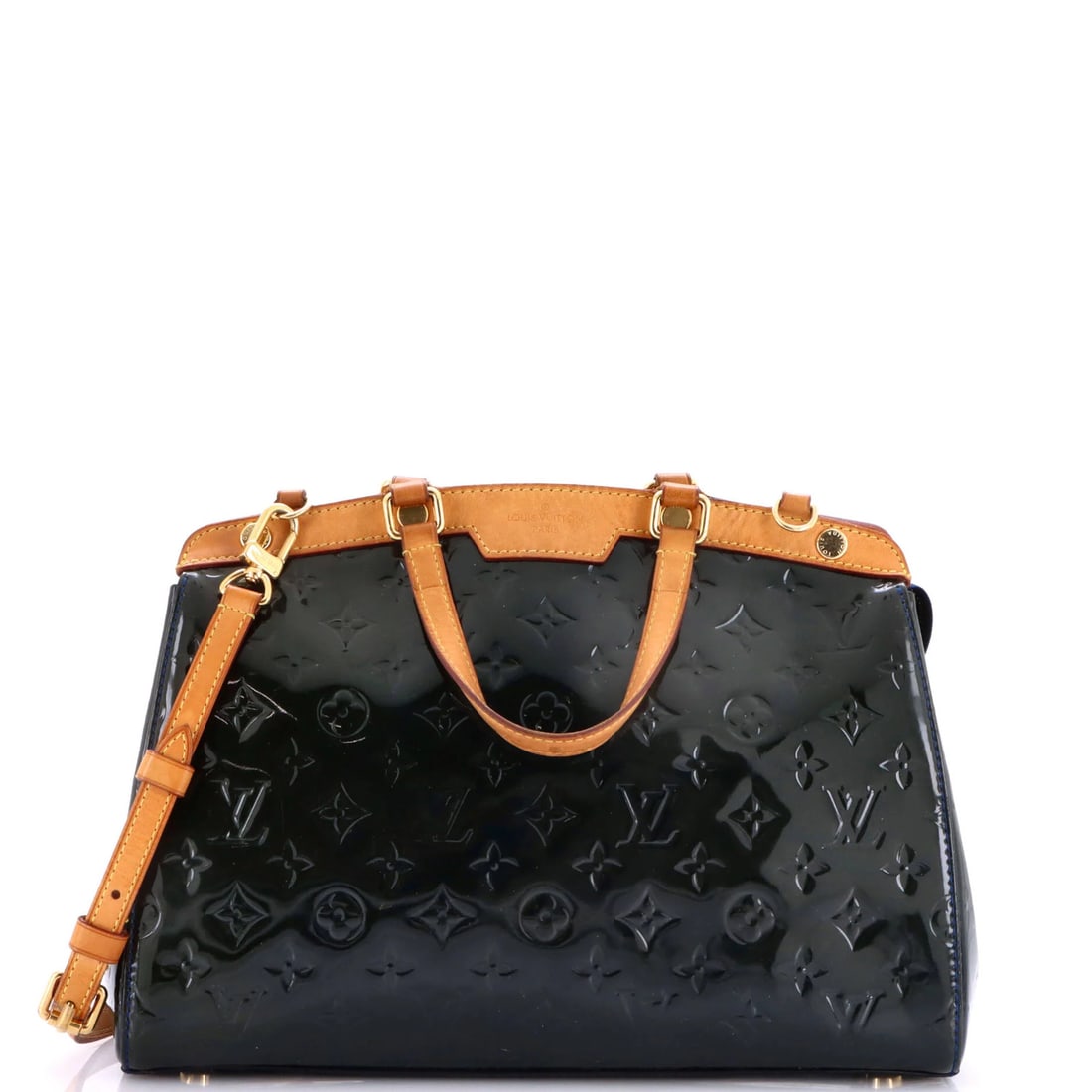Louis Vuitton Monogram Brea Vernis Handbag MM: Louis Vuitton Monogram Brea Vernis Handbag MM Navy blue patent leather exterior, a classic design, and iconic monogram pattern define this Louis Vuitton Brea Vernis MM handbag. The bag features a gold