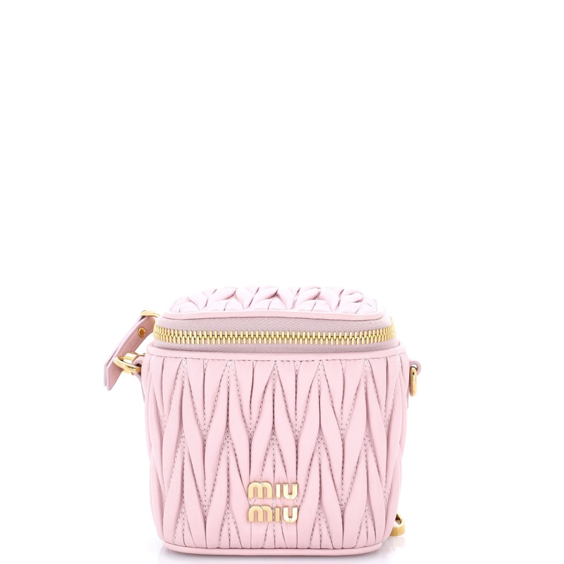 Matelasse Leather Case Miu Vanity: Matelasse Leather Case Miu Vanity The Miu Miu Matelasse Leather Case Miu Vanity is a stylish and elegant cross body bag with a soft pink exterior and satin pink interior. This micro-sized bag