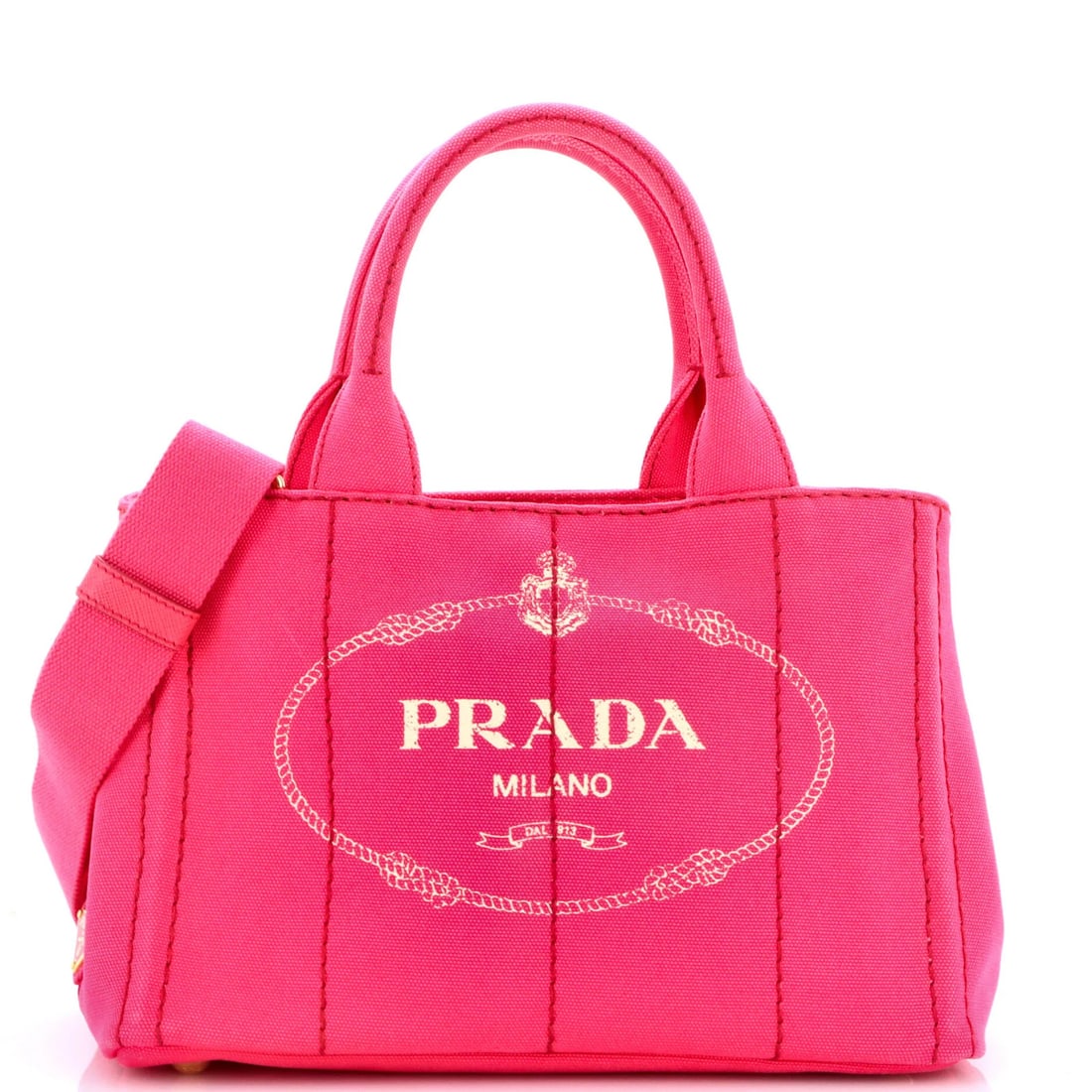 Mini Convertible Canvas Tote Prada: Mini Convertible Canvas Tote Prada This Prada Mini Convertible Canvas Tote is a stylish and versatile accessory, featuring a sleek pink exterior and gold hardware. With its convertible design, you