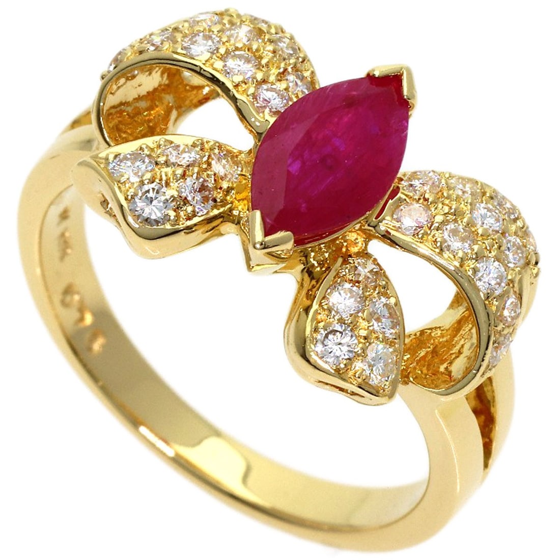 K18 Yellow Gold Ponte Vecchio Ruby Ribbon Diamond: K18 Yellow Gold Ponte Vecchio Ruby Ribbon Diamond K18 Yellow Gold Ponte Vecchio Ruby Ribbon Diamond is a stunning ring featuring a 0.76ct ruby and 0.45ct diamond, set in 18k yellow gold. The ring's