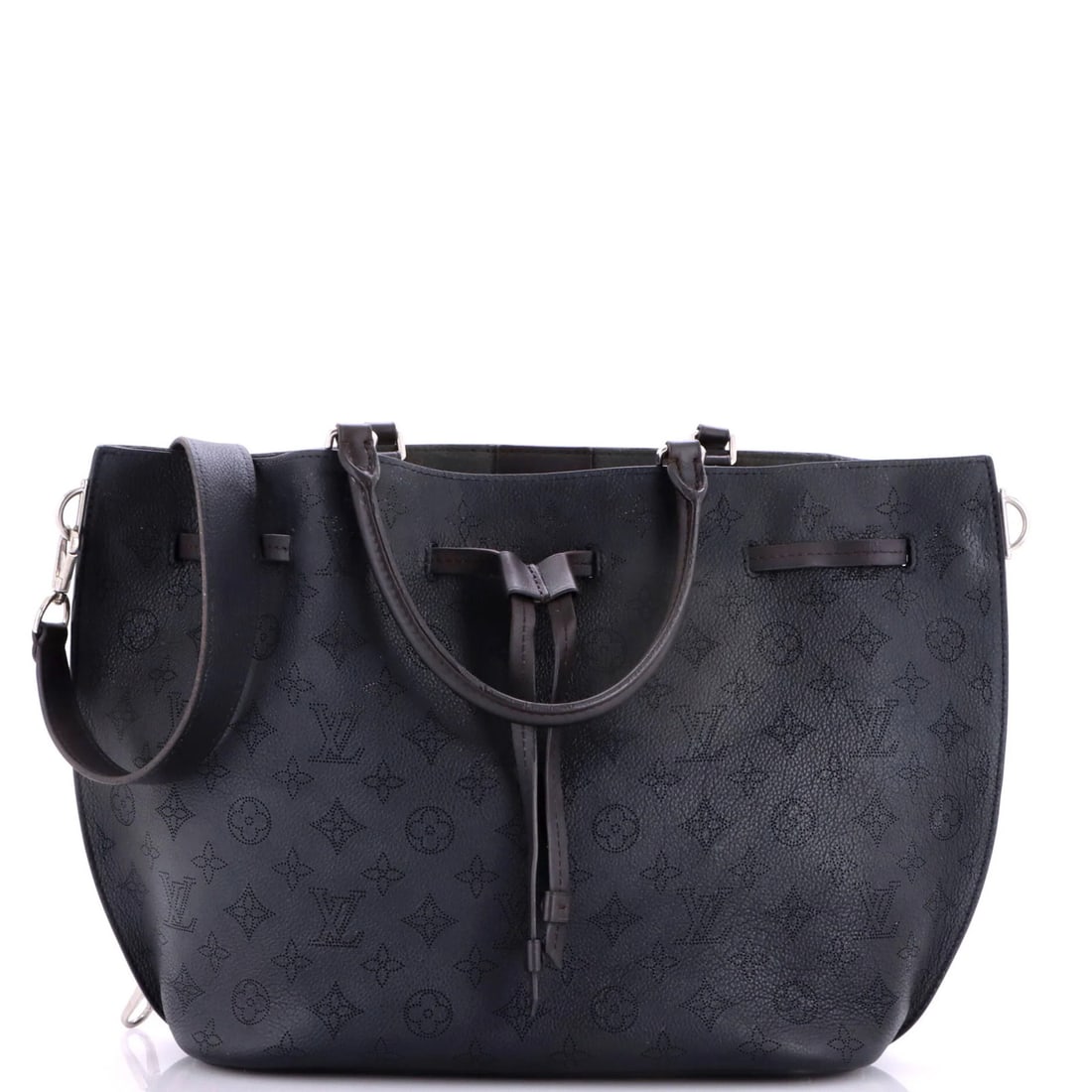 Mahina Leather Louis Vuitton Girolata Handbag: Mahina Leather Louis Vuitton Girolata Handbag Black Mahina Leather Louis Vuitton Girolata Handbag with heavy edge wear, creases, scuffs, cracking, and minor discoloration. The bag features a classic