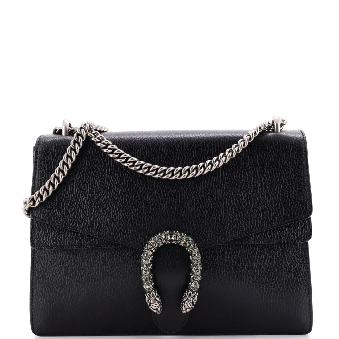 Medium leather Dionysus bag Gucci: Medium leather Dionysus bag Gucci Medium leather Dionysus bag Gucci in black exterior with crystal accents, featuring a shoulder strap with a 14" drop and interior with neutral fabric. The bag