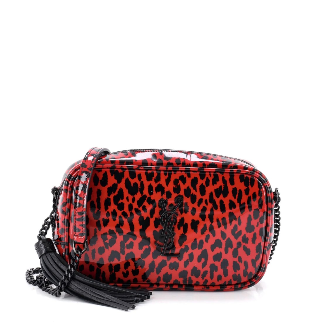 Lou Saint Laurent Camera Bag Patent Mini: Lou Saint Laurent Camera Bag Patent Mini Patent leather exterior adds a touch of sophistication to this mini cross body bag, featuring a bold red color. The bag's interior is lined with black