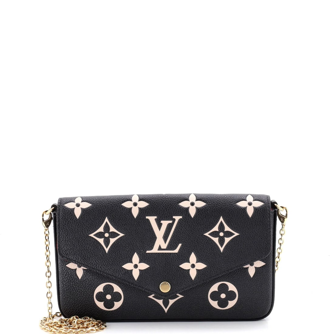Vuitton Monogram Pochette Empreinte Bicolor Felicie Giant Louis: Vuitton Monogram Pochette Empreinte Bicolor Felicie Giant Louis Black Louis Vuitton Felicie Pochette Bicolor Monogram Empreinte Giant Cross Body Bag with Gold Hardware, featuring a classic monogram