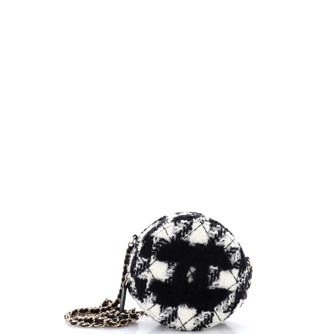 Round Clutch with Chain Coin Purse Quilted Tweed Shearling: Round Clutch with Chain Coin Purse Quilted Tweed Shearling Round Clutch with Chain and Coin Purse Quilted Tweed Shearling in Black, featuring a classic cross body design with a quilted tweed and