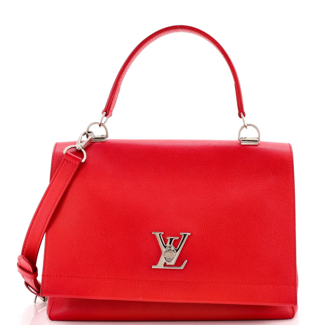 Lockme II Handbag Louis Vuitton Leather: Lockme II Handbag Louis Vuitton Leather The Lockme II Handbag in red leather features a classic top handle design with a silver hardware accent. Measuring 7" in handle drop and 9" in height, this styl