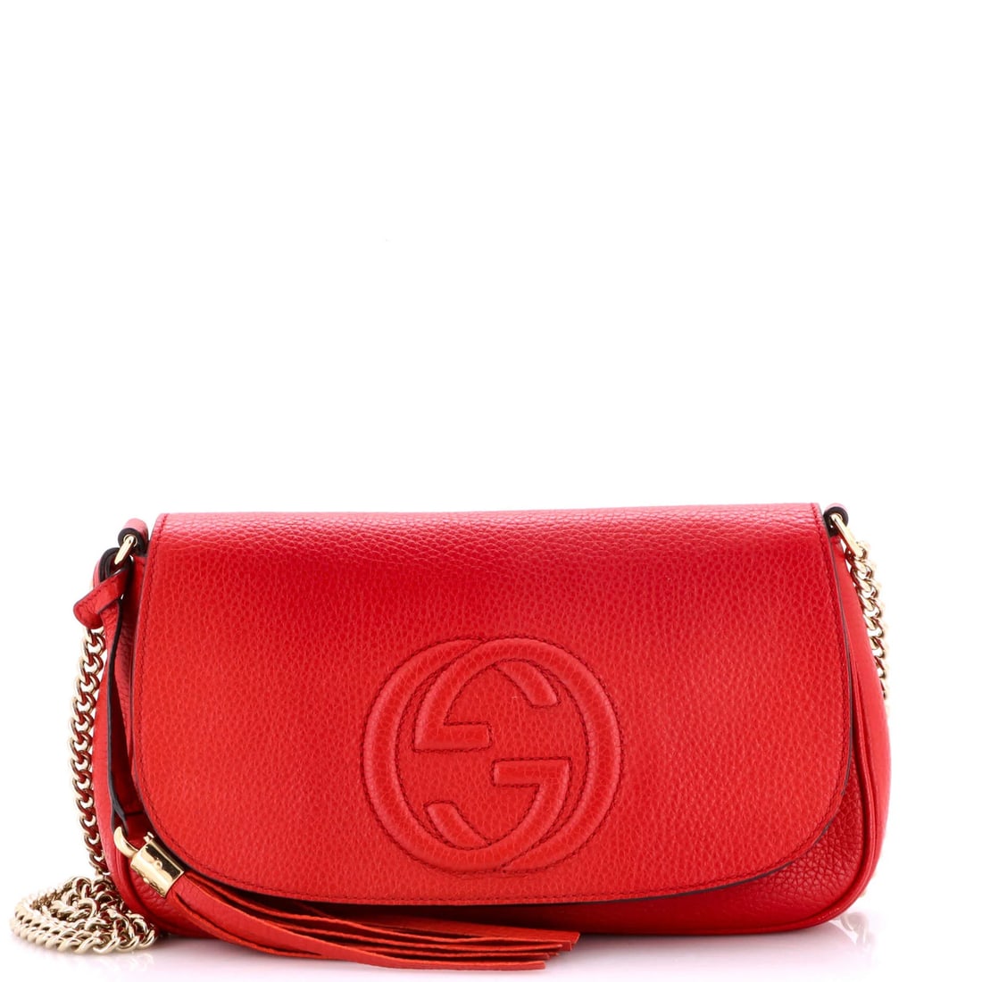 Gucci Medium Leather Chain Crossbody Bag Soho: Gucci Medium Leather Chain Crossbody Bag Soho The Gucci Soho Chain Crossbody Bag is a stylish medium leather bag with a bold red exterior and gold tone hardware. Its chain strap and tassel add a touch