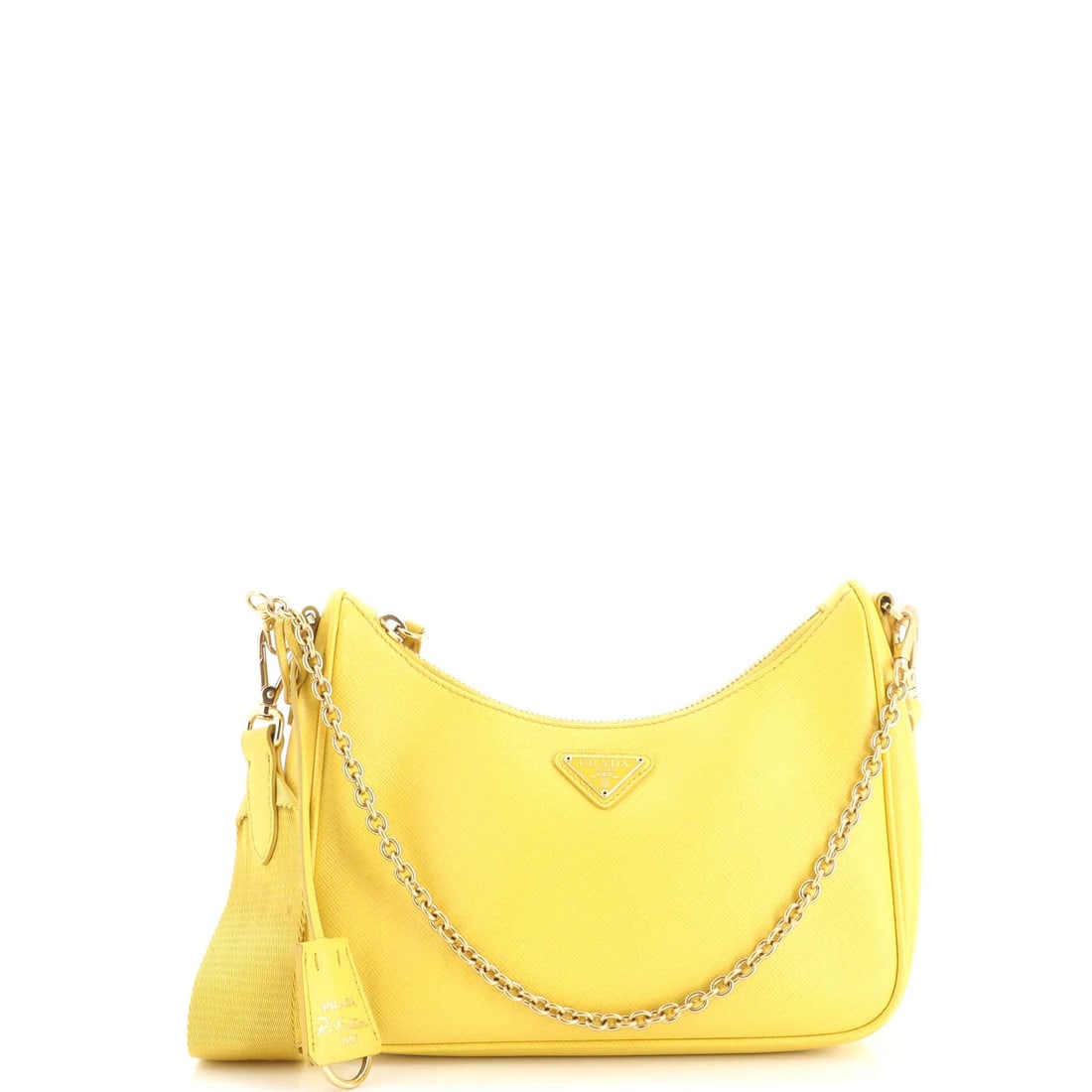 Saffiano Leather Small Prada Re-Edition 2005 Shoulder Bag: Saffiano Leather Small Prada Re-Edition 2005 Shoulder Bag Small Saffiano Leather Prada Re-Edition 2005 Shoulder Bag for sale, featuring a bright yellow exterior with gold hardware, and a spacious