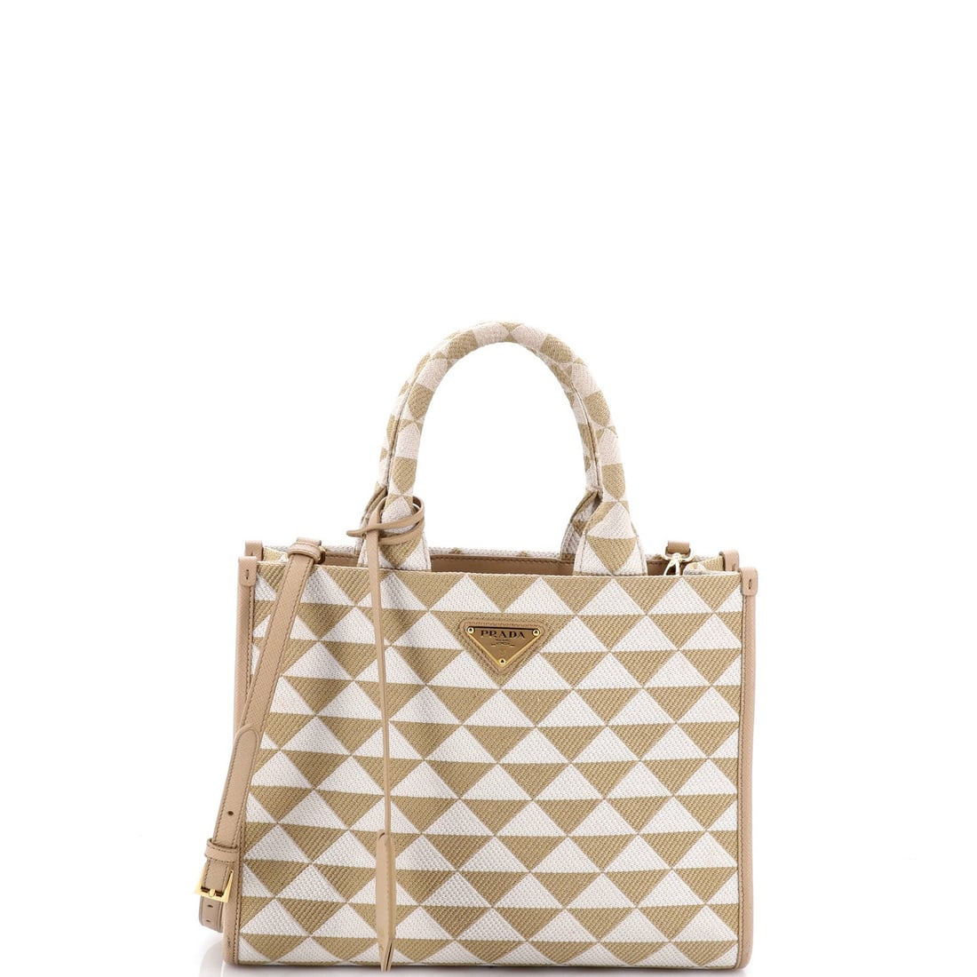 Symbole Shopper Small Prada Tote Jacquard: Symbole Shopper Small Prada Tote Jacquard Small Prada Symbole Shopper Tote Jacquard in Neutral Canvas, featuring a clochette with adjustable strap, with aged gold hardware and minor wear on exterior