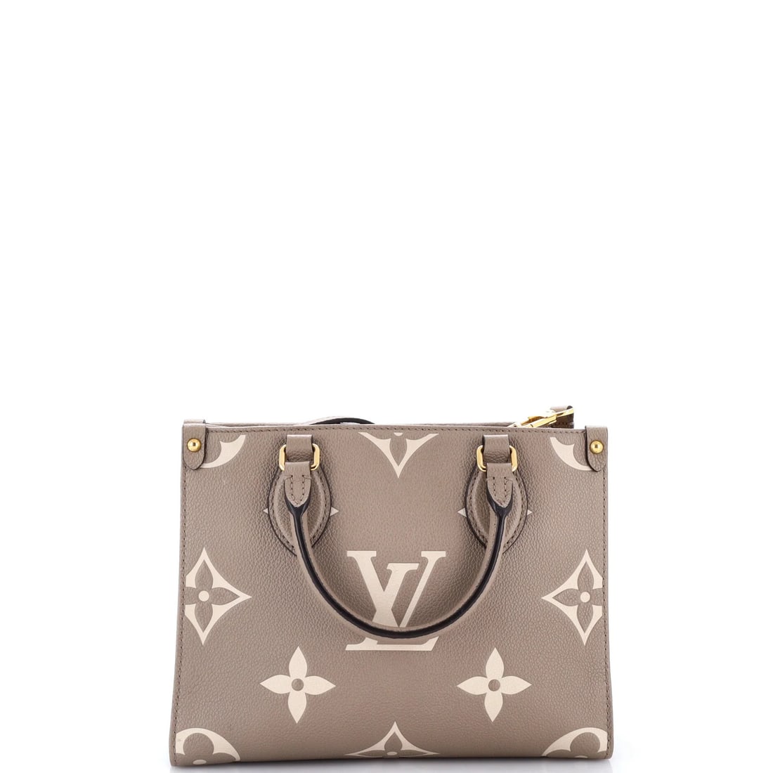 OnTheGo Tote Giant Monogram Empreinte Louis Vuitton Bicolor: OnTheGo Tote Giant Monogram Empreinte Louis Vuitton Bicolor Neutral-colored leather tote bag with gold hardware, featuring the iconic Louis Vuitton monogram Empreinte design in a giant PM size. The