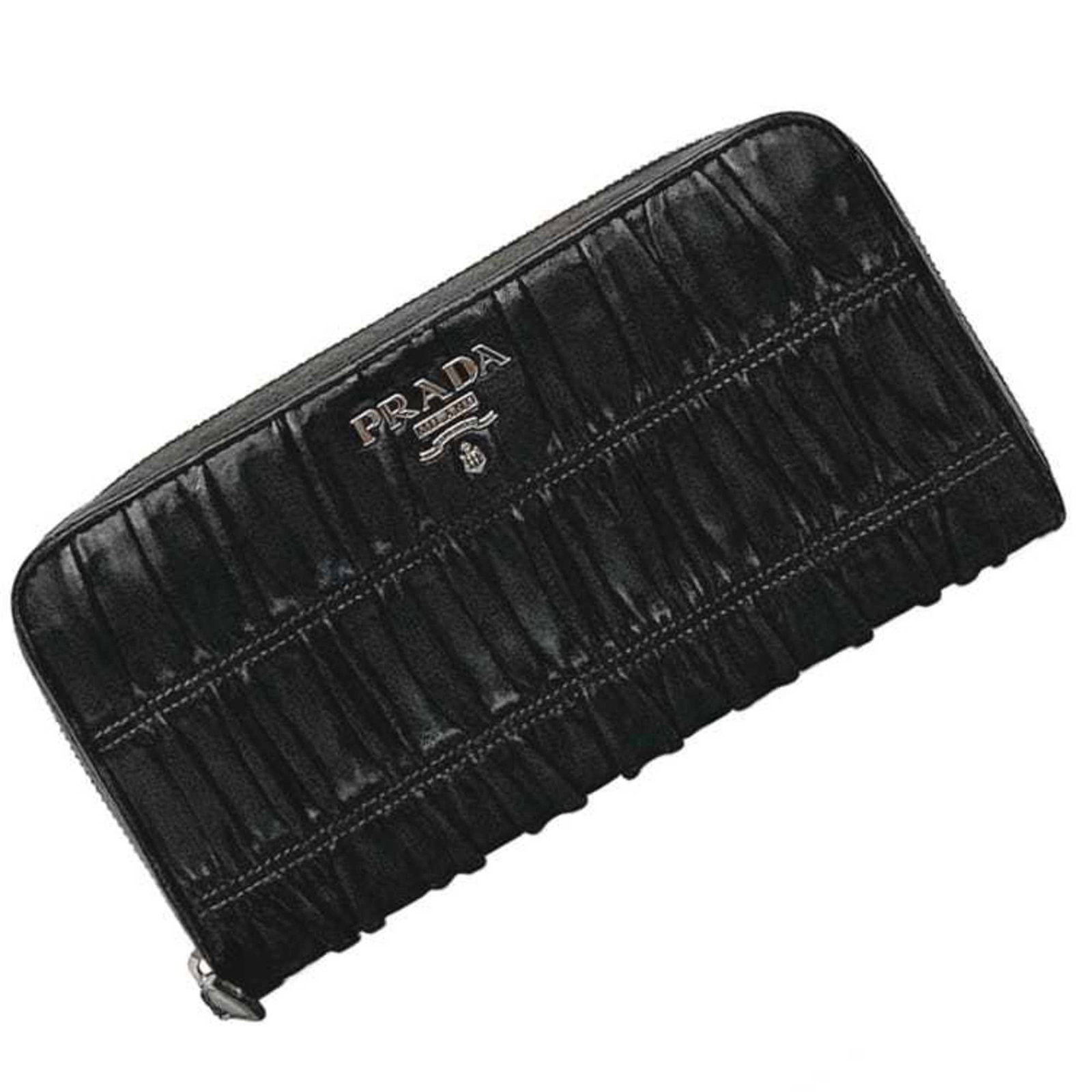 Prada Long Wallet (Bi-Fold) Leather: Prada Long Wallet (Bi-Fold) Leather Prada Long Wallet (Bi-Fold) Leather is a sleek, black bi-fold wallet made from high-quality leather. Measuring 11cm x 20cm x 3cm, it offers ample space for