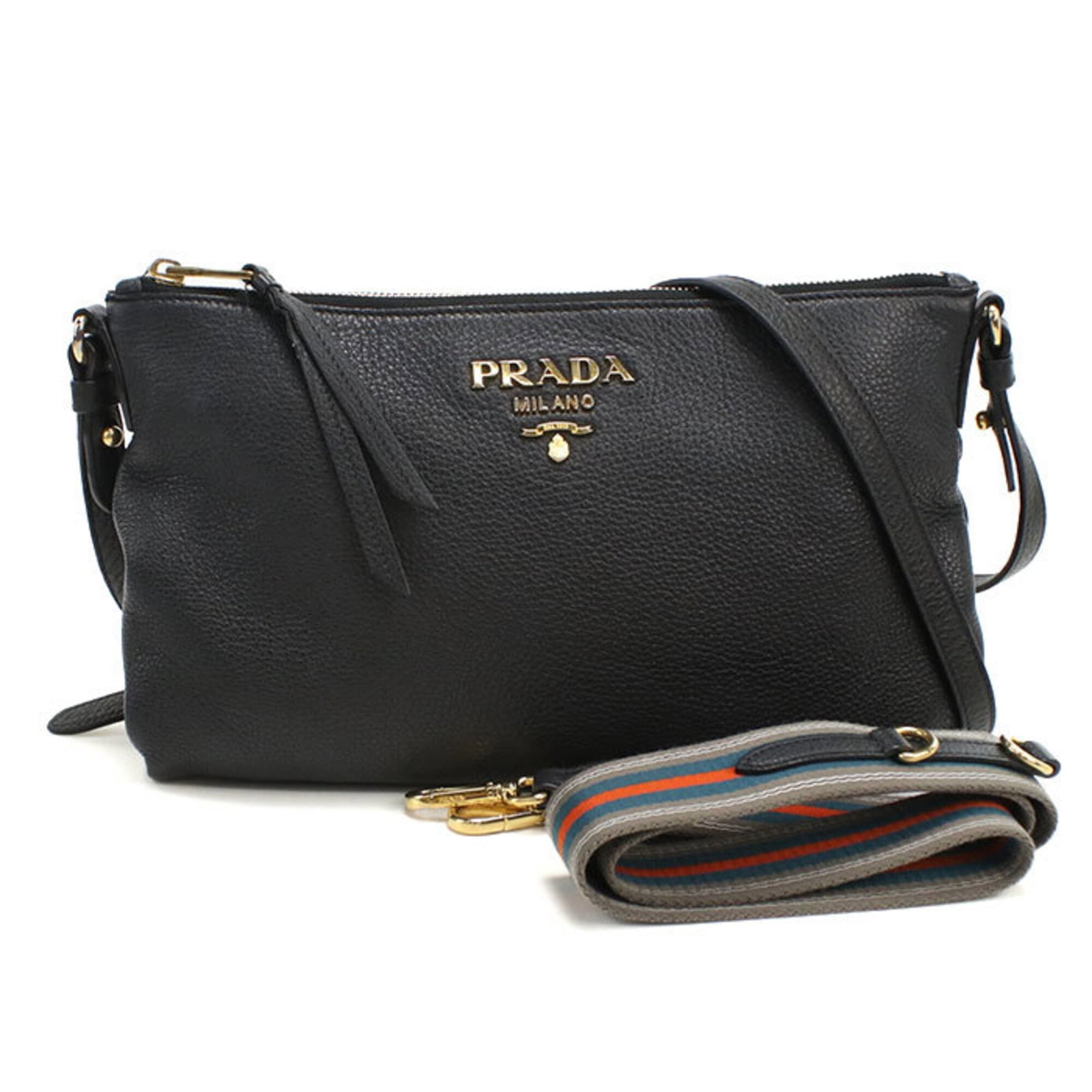Shoulder Bag Leather Prada: Shoulder Bag Leather Prada This black leather shoulder bag from Prada features a sleek design with gold hardware, measuring 18cm x 28.5cm x 3cm. Made from high-quality leather, it boasts a classic