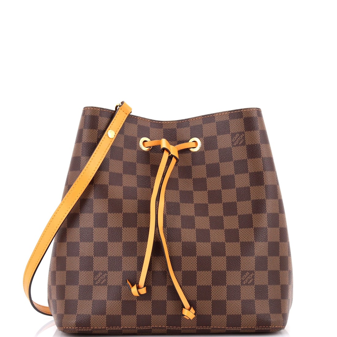 Louis Vuitton NeoNoe Handbag Damier with Leather MM: Louis Vuitton NeoNoe Handbag Damier with Leather MM Brown Louis Vuitton NeoNoe Handbag Damier with Leather MM features a canvas-coated exterior in a classic Damier print, complemented by a rich red