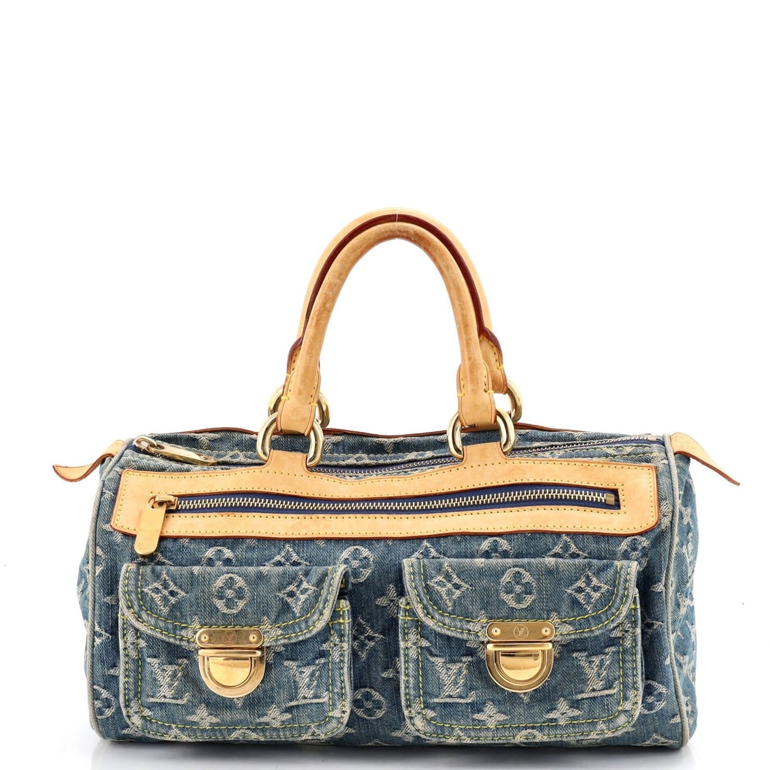 Louis Vuitton Speedy Bag Denim: Louis Vuitton Speedy Bag Denim The Louis Vuitton Speedy Bag Denim is a unique, pre-owned piece featuring a distinctive denim exterior with a blue hue and orange interior. Notable for its bold,