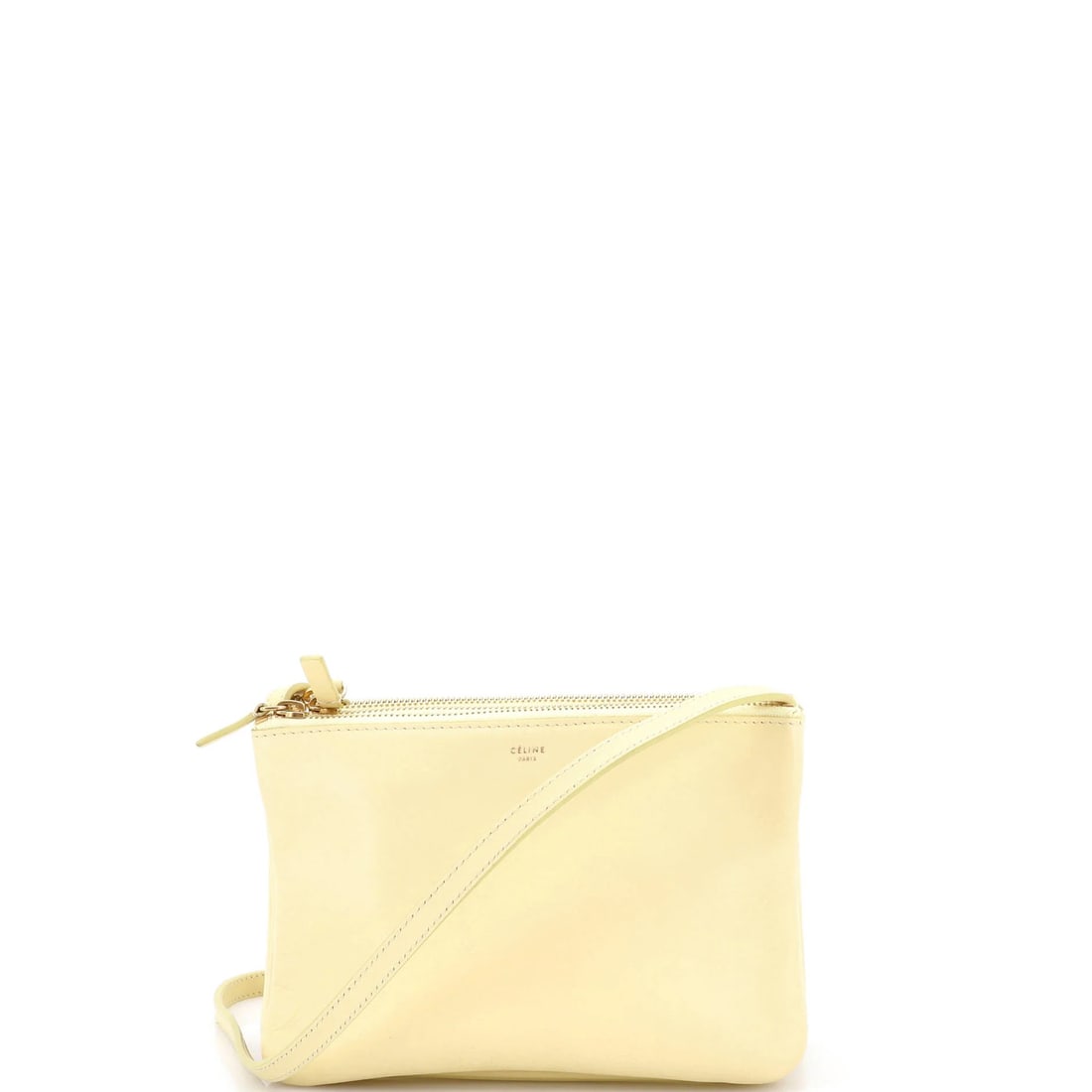 Small Leather Crossbody Bag Trio Celine: Small Leather Crossbody Bag Trio Celine Small Leather Crossbody Bag Trio Celine in Yellow. This Celine small leather crossbody bag features a bright yellow exterior, cashmere gray interior, and gold h