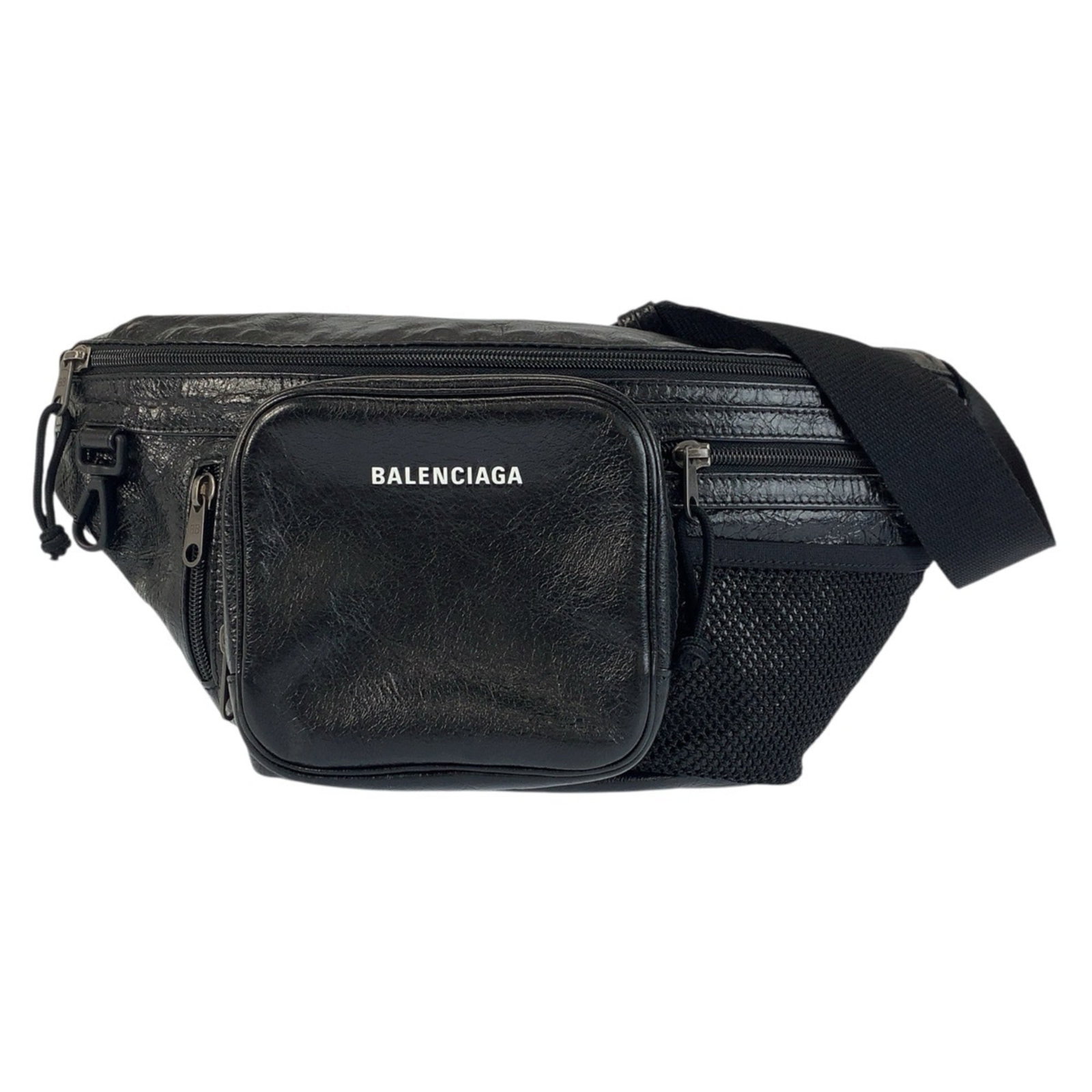 Balenciaga Fanny Pack Leather: Balenciaga Fanny Pack Leather Balenciaga Fanny Pack Leather is a sleek black leather fanny pack made from high-quality leather, measuring 18cm x 38cm x 7cm. The Italian design showcases the brand's