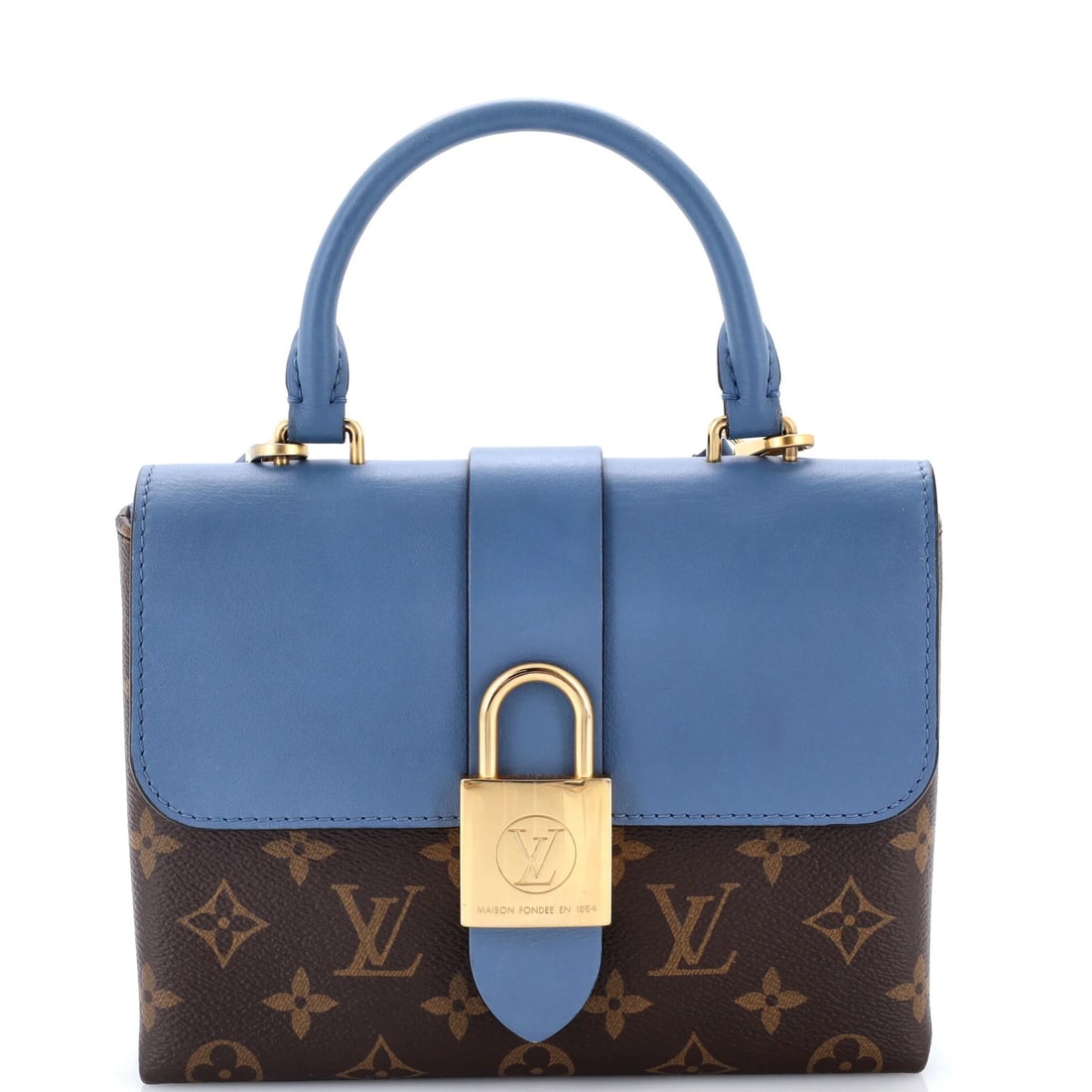 Handbag Canvas Leather Monogram Locky Louis Vuitton: Handbag Canvas Leather Monogram Locky Louis Vuitton Blue Locky Louis Vuitton handbag with monogram canvas and leather exterior, featuring a top handle and gold hardware. The bag measures 6" tall, 8"