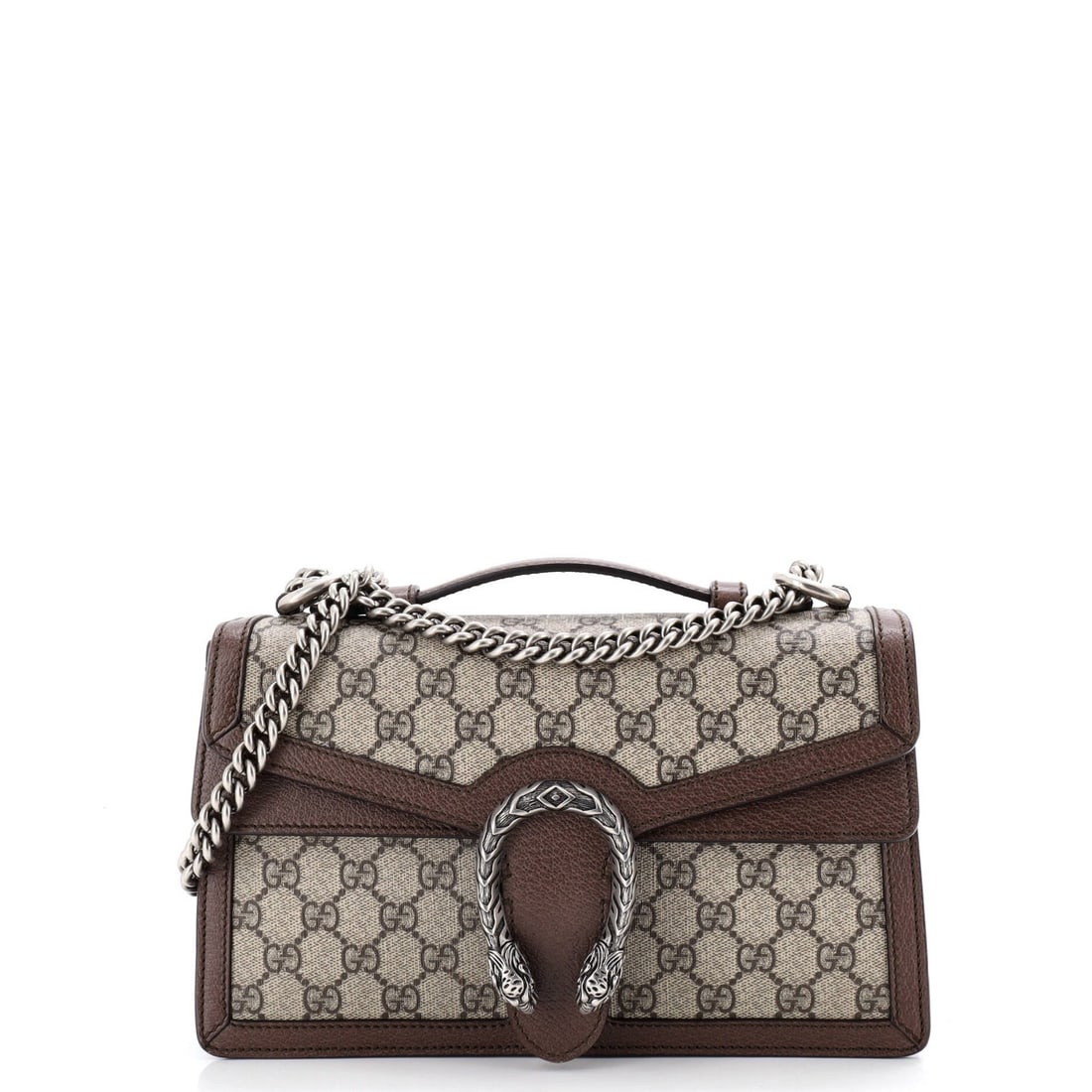 Gucci Small Chain Handle Top Bag Canvas Coated Dionysus GG: Gucci Small Chain Handle Top Bag Canvas Coated Dionysus GG Brown canvas coated leather Dionysus top handle chain bag GG, small size, 9.5" handle drop, 7" height, 10.5" width, 3.5" depth, 15.5" strap