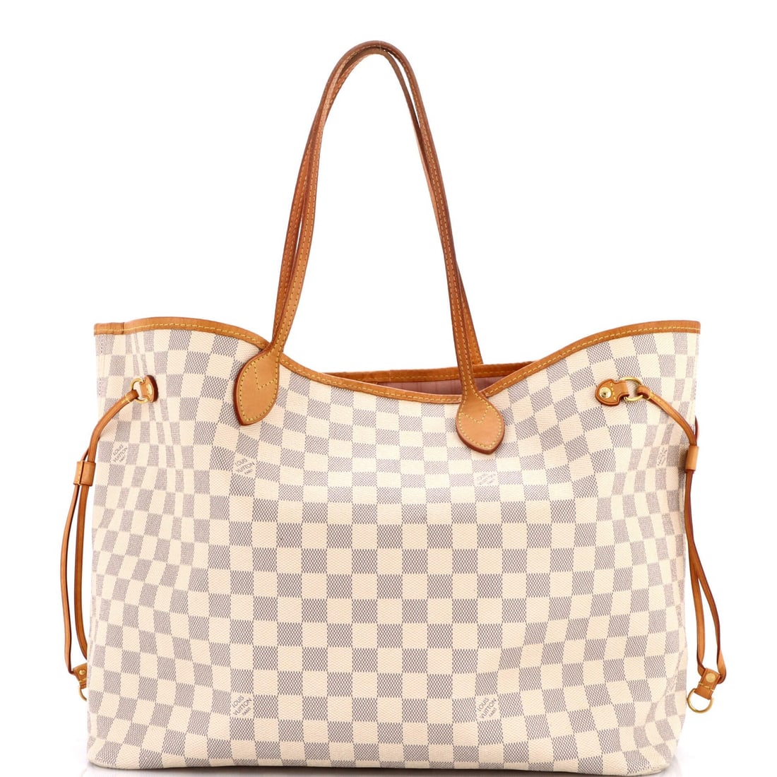 Damier GM Tote Neverfull Vuitton Louis: Damier GM Tote Neverfull Vuitton Louis White Damier GM canvas coated Louis Vuitton Neverfull NM tote with pink interior and gold hardware, featuring a classic Gm style with heavy edge wear and corner