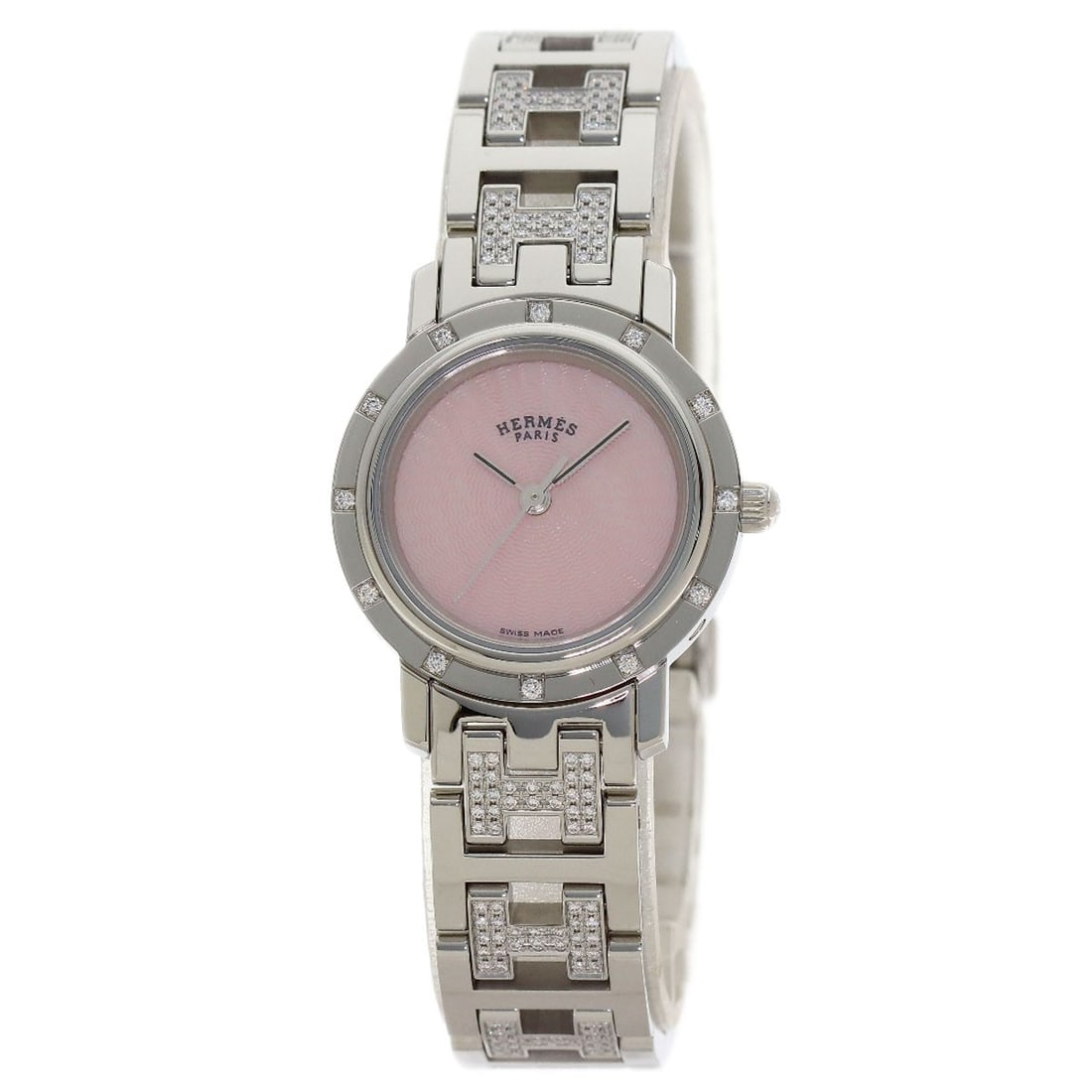 Cl4.230 Diamond Watches Hermes Clipper Nacre Stainless Belt: Cl4.230 Diamond Watches Hermes Clipper Nacre Stainless Belt Stainless Steel and Silver Accents Define This Classic Hermes Watch, Featuring a 24mm Case and Analog Display. The watch boasts a sleek silv