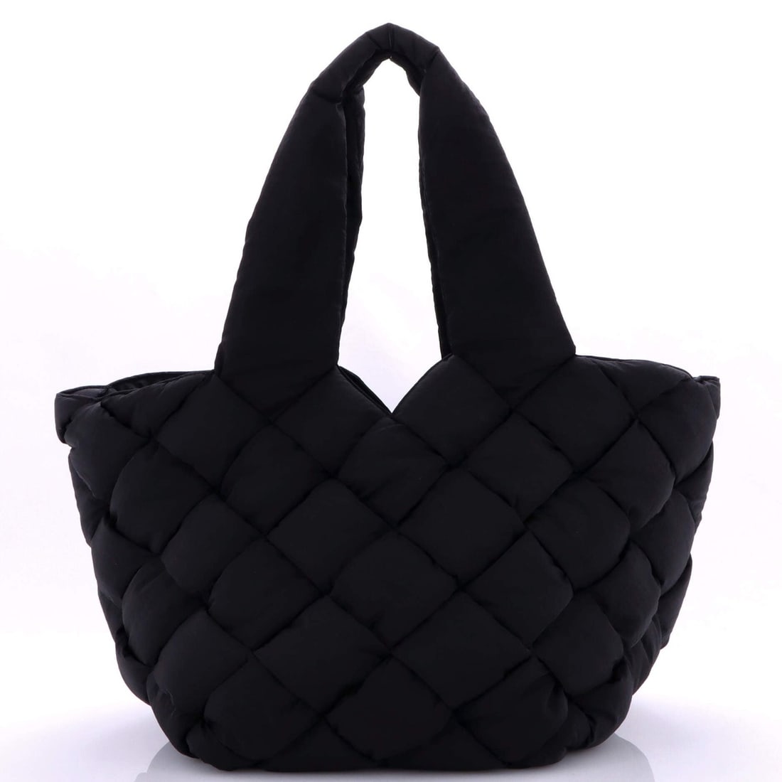 Tote nylon Intrecciato paper cassette Bottega: Tote nylon Intrecciato paper cassette Bottega Tote in black nylon with Intrecciato paper cassette design, featuring a classic Bottega Veneta style with silver hardware. The exterior shows minor