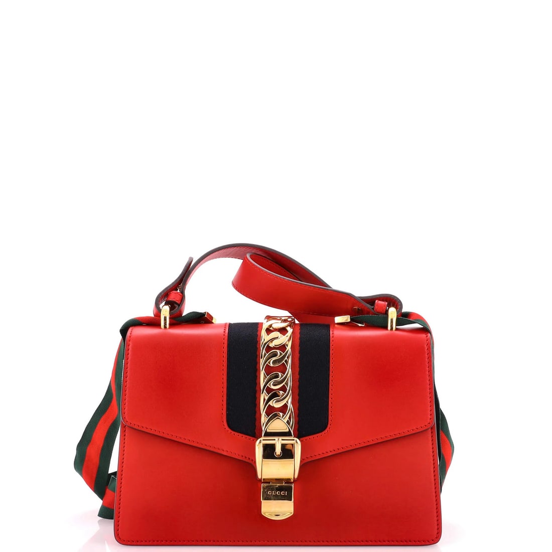Small Leather Bag Sylvie Gucci: Small Leather Bag Sylvie Gucci Small Leather Bag Sylvie Gucci in Red, featuring an extra strap for versatility, and measuring 13" drop, 7" height, 10" width, and 3" depth. The exterior is made of