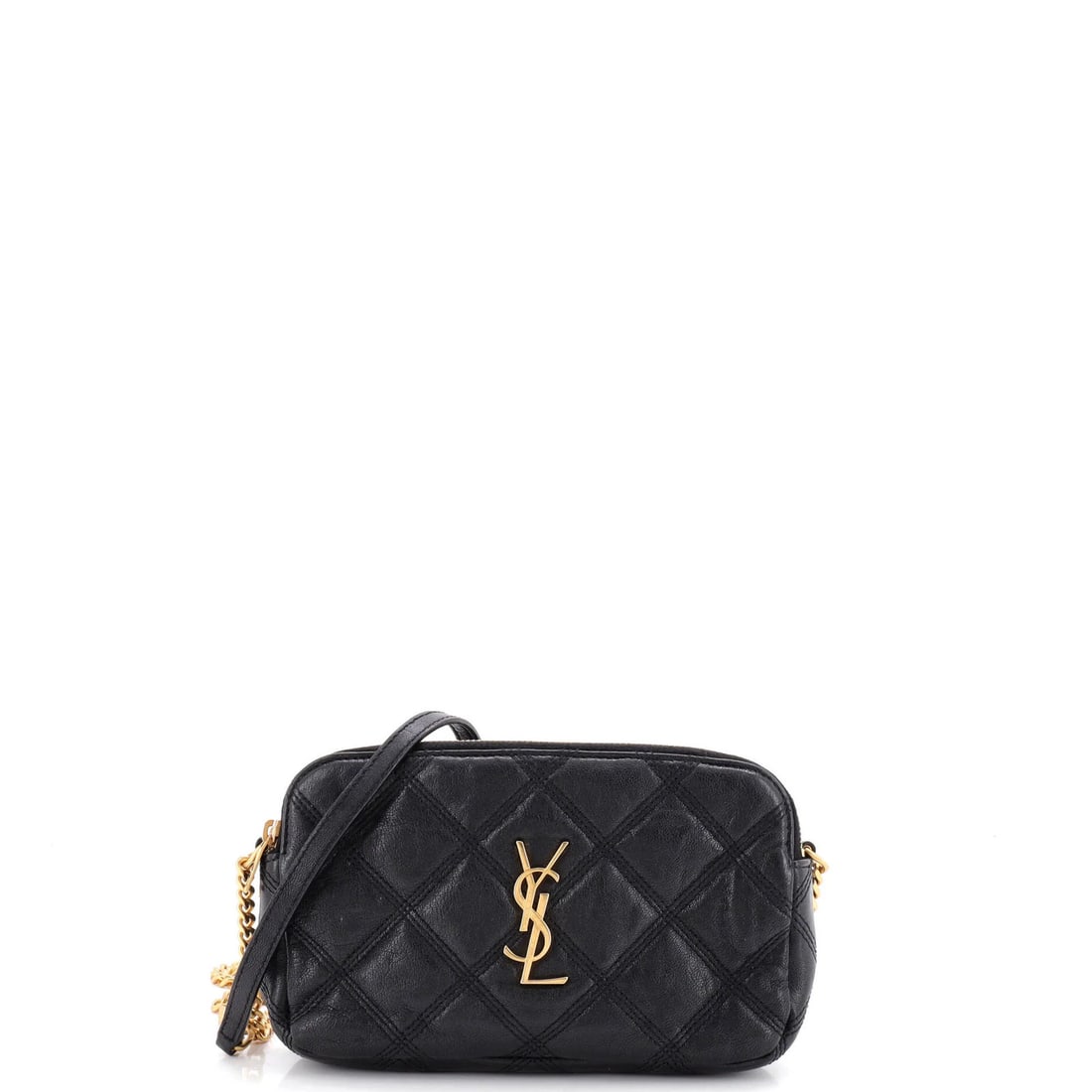 Becky Double Zip Quilted Leather Crossbody Mini Bag Saint Laurent: Becky Double Zip Quilted Leather Crossbody Mini Bag Saint Laurent Black quilted leather crossbody bag with a double zip closure, measuring 4.5" high, 7" wide, and 2" deep, features a 23" strap drop an