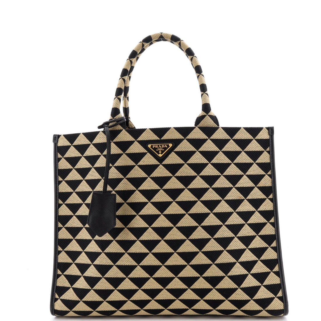 Tote Shopper Large Prada Symbole Jacquard: Tote Shopper Large Prada Symbole Jacquard Large Prada Symbole Jacquard Tote Shopper in Neutral Exterior with Black Interior and Gold Hardware, featuring a classic design with minor creases on the exte