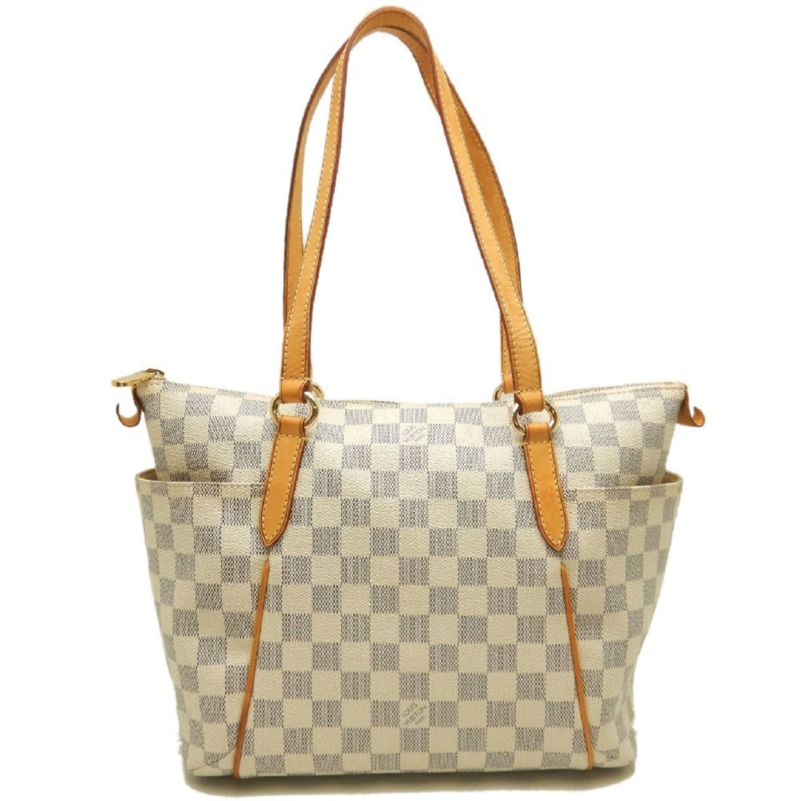 Canvas Leather Louis Vuitton Tote Bag Coated: Canvas Leather Louis Vuitton Tote Bag Coated Coated canvas and leather make up this Louis Vuitton tote bag, available in Azur color with gold hardware. The bag measures 24cm x 39cm x 14cm and