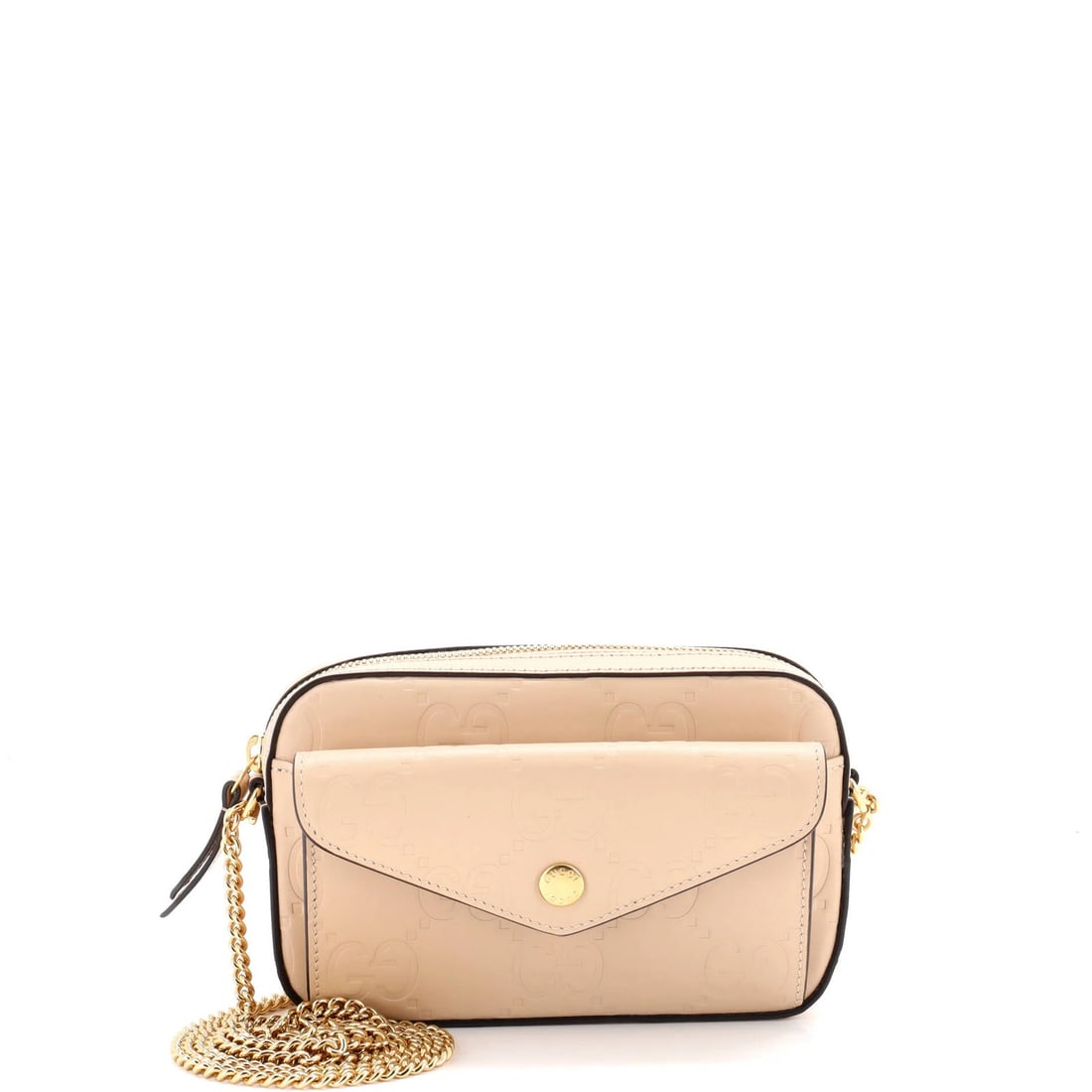 Gucci Front Pocket Chain Shoulder Bag Jumbo GG Embossed Leather Super Mini: Gucci Front Pocket Chain Shoulder Bag Jumbo GG Embossed Leather Super Mini Super Mini Gucci Front Pocket Chain Shoulder Bag with Jumbo GG Embossed Leather. This neutral-colored, leather cross body
