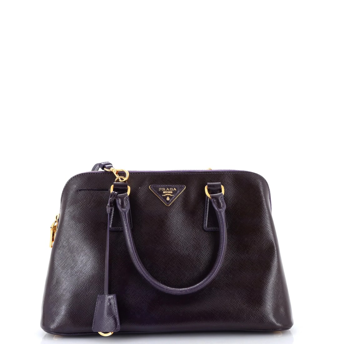 Saffiano Leather Bag Medium Vernice Prada: Saffiano Leather Bag Medium Vernice Prada Medium Vernice Prada Saffiano Leather Bag with Clochette and Strap, featuring patent leather exterior in purple, gold hardware, and a rich purple interior. Me