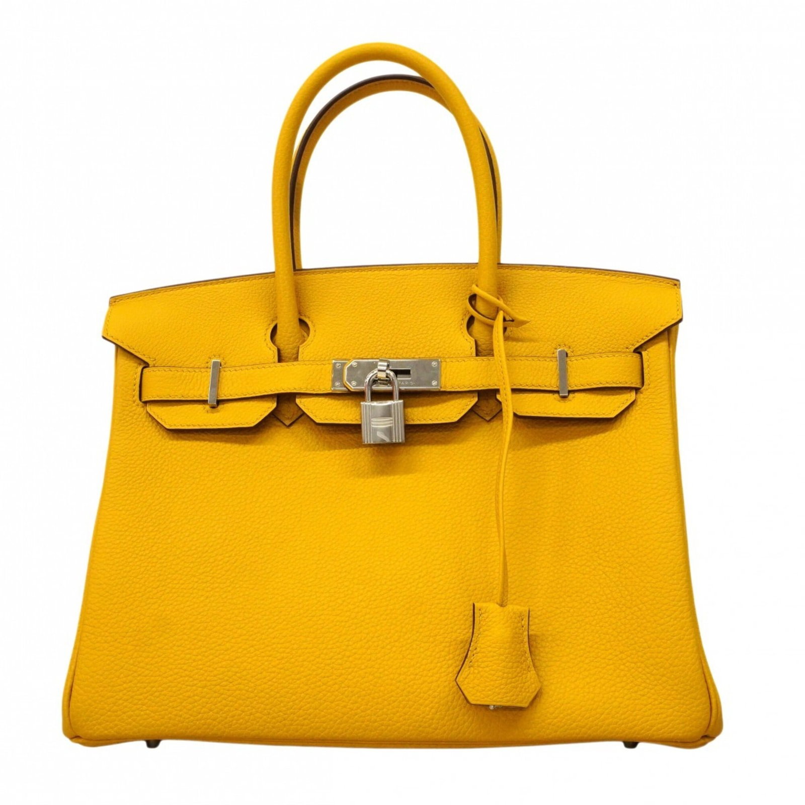 Hermes Handbag Togo Leather: Hermes Handbag Togo Leather Togo leather craftsmanship shines in this vibrant yellow Hermes handbag, featuring silver hardware and a compact 24cm x 30cm x 15cm size. The bag's classic design and
