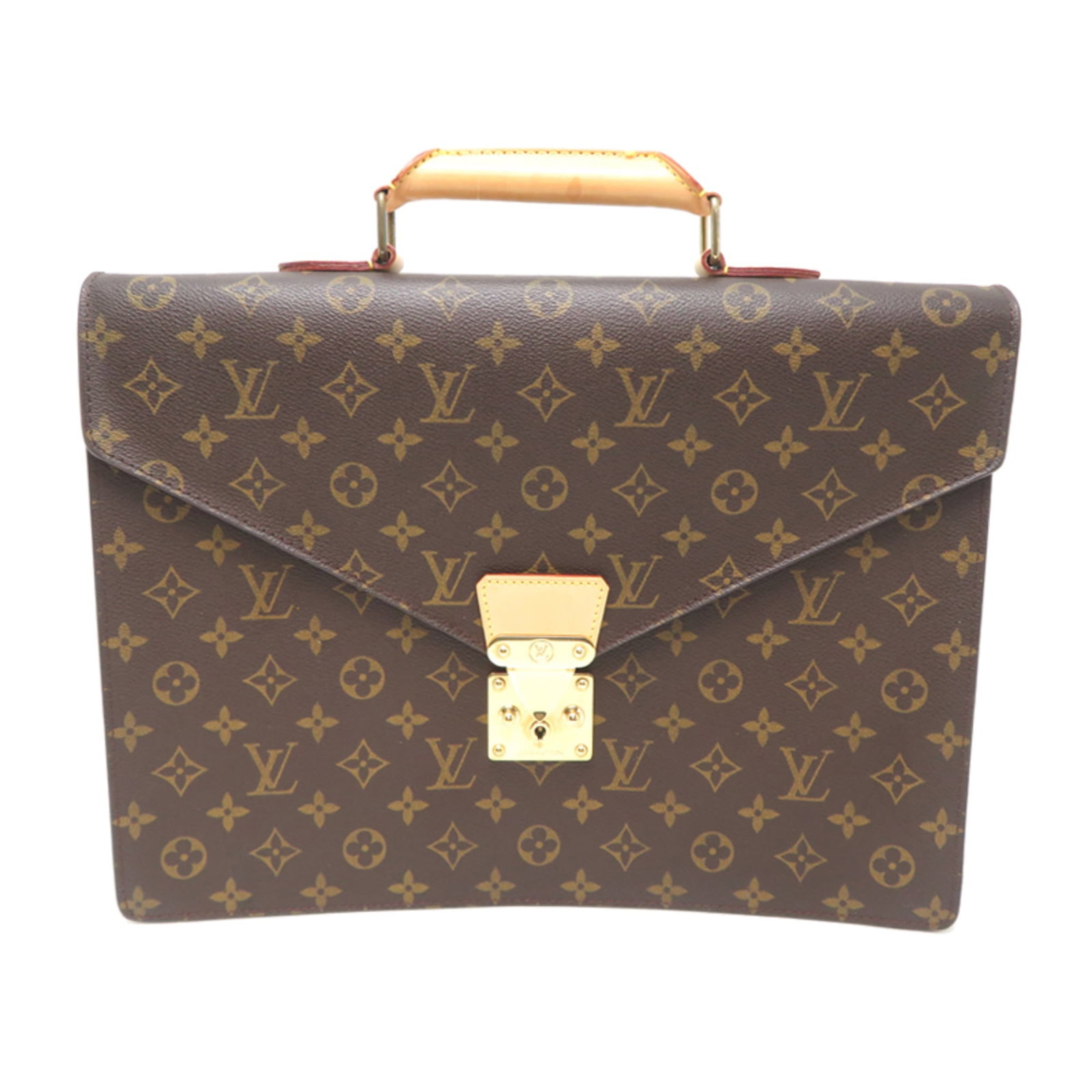 Vuitton Monogram Louis Briefcase: Vuitton Monogram Louis Briefcase Monogrammed with iconic Louis Vuitton design, this brown briefcase boasts a timeless classic style. Made from high-quality materials, its sturdy construction and
