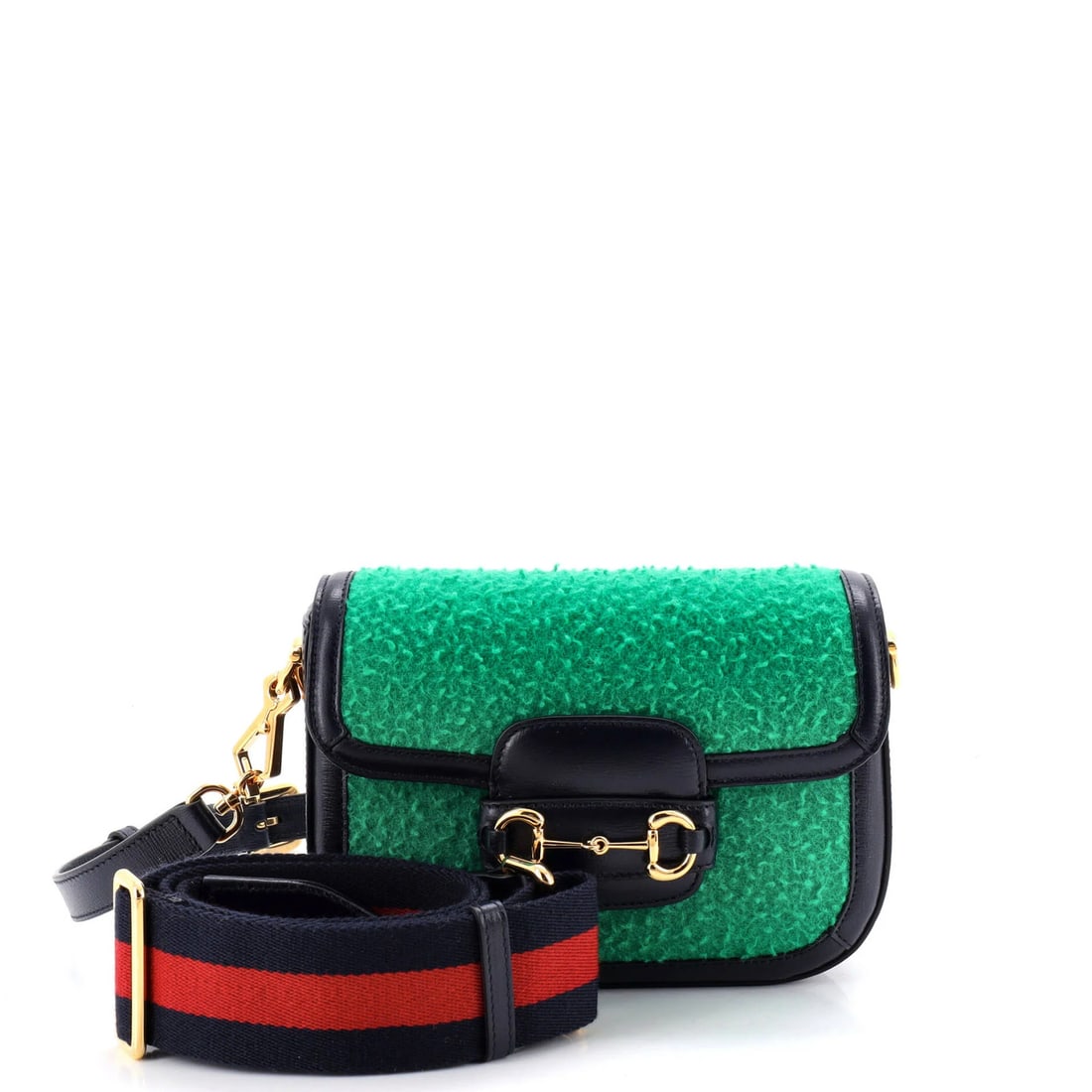 Horsebit wool mini bag 1955 Gucci: Horsebit wool mini bag 1955 Gucci The 1955 Gucci Horsebit wool mini bag is a stylish and timeless piece, featuring a classic cross-body design with a wool exterior in a vibrant green hue. This mini