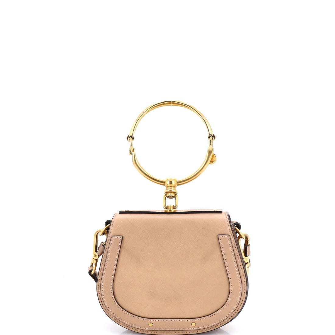 Leather Small Nile Crossbody Bag Chloe: Leather Small Nile Crossbody Bag Chloe Small neutral-colored leather crossbody bag with suede interior, featuring a 20-23" adjustable strap and measuring 4" drop. The bag bears a signature and has a