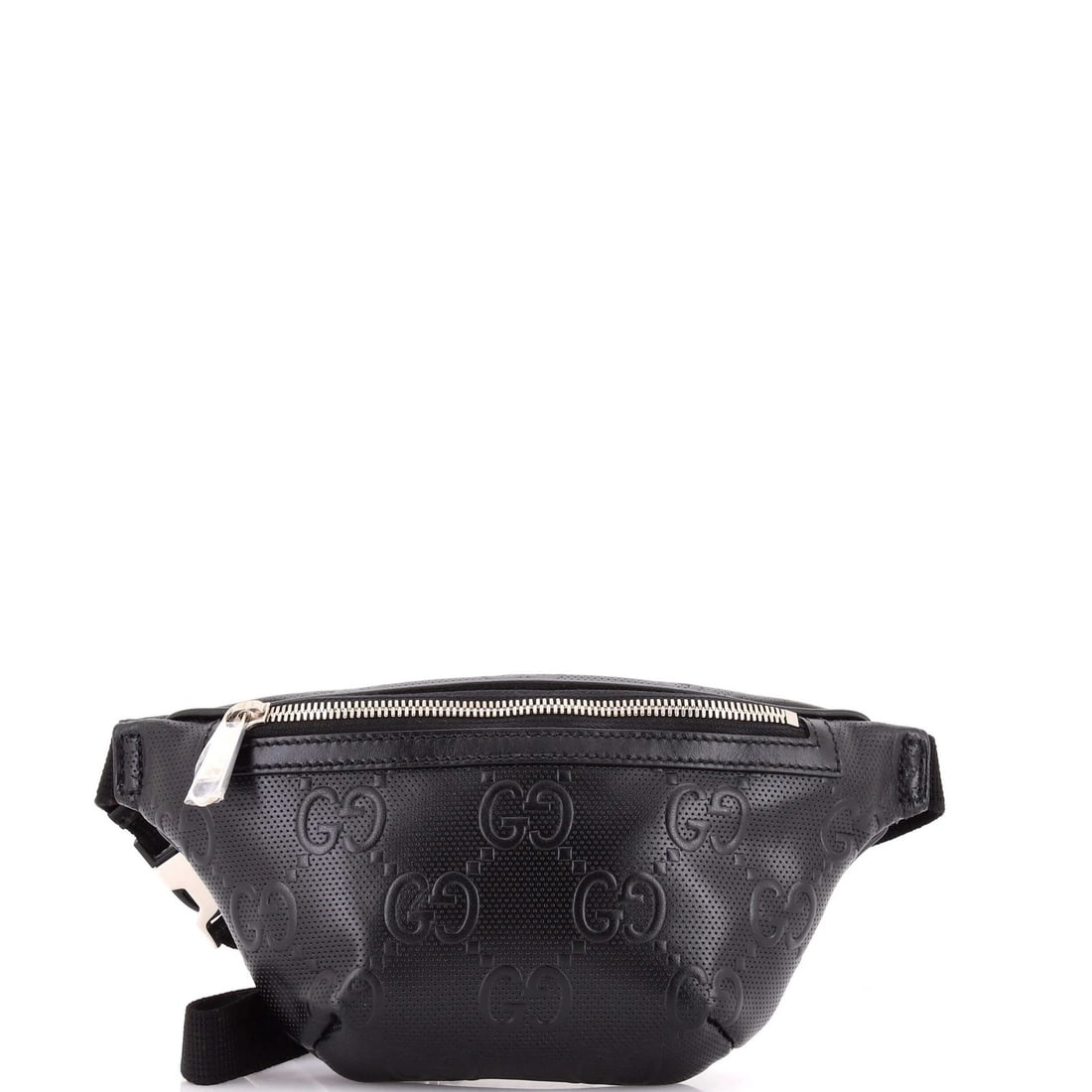 GG Gucci Small Embossed Perforated Leather Belt Bag: GG Gucci Small Embossed Perforated Leather Belt Bag Small GG Gucci Embossed Perforated Leather Belt Bag in Black, featuring a classic design with minor creases and scuffs on the exterior and interior,