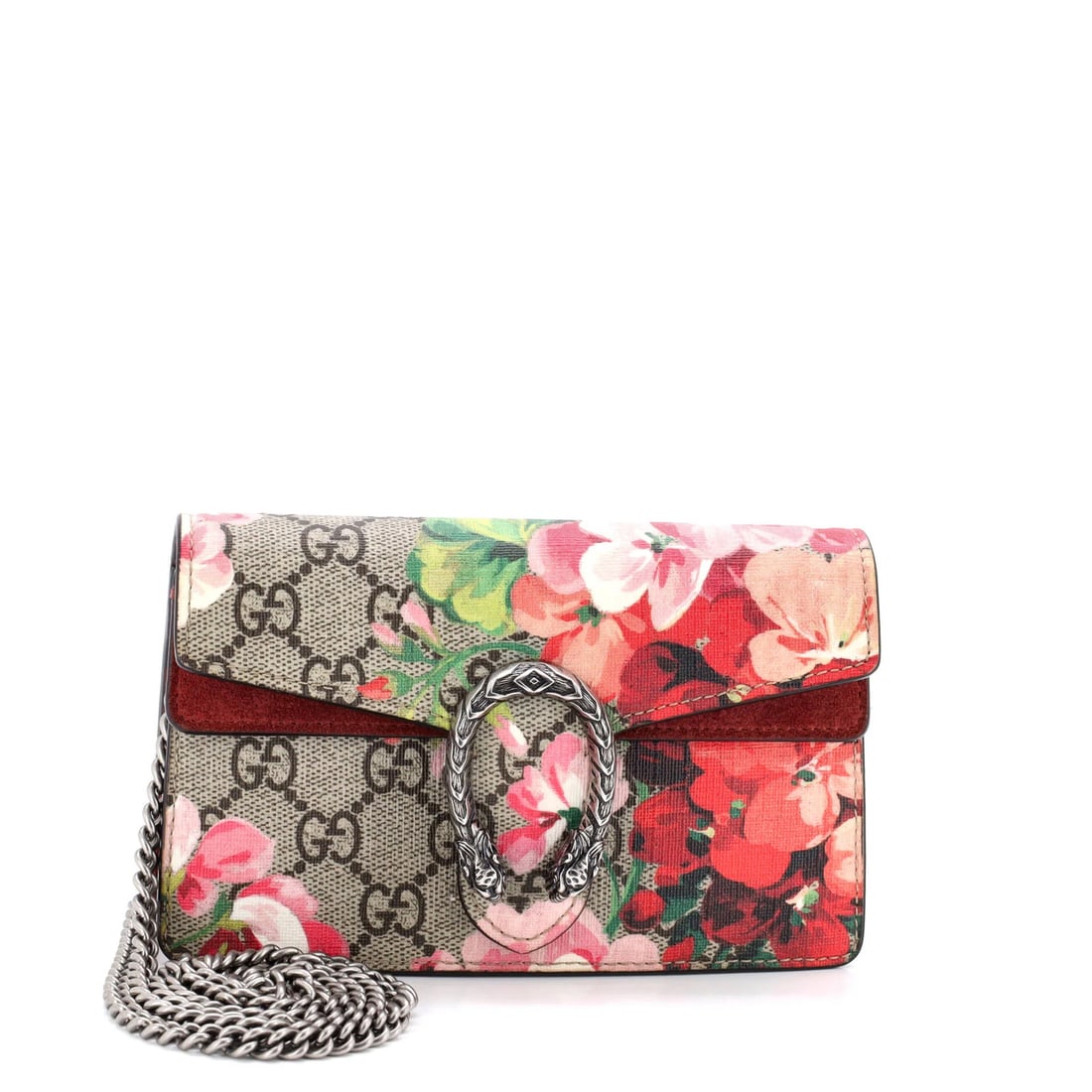 Gucci Coated Canvas Blooms Print Dionysus Bag Super Mini GG: Gucci Coated Canvas Blooms Print Dionysus Bag Super Mini GG Super Mini GG Dionysus Bag with Blooms Print in Brown, featuring a canvas coated suede exterior and a neutral microfiber interior. This