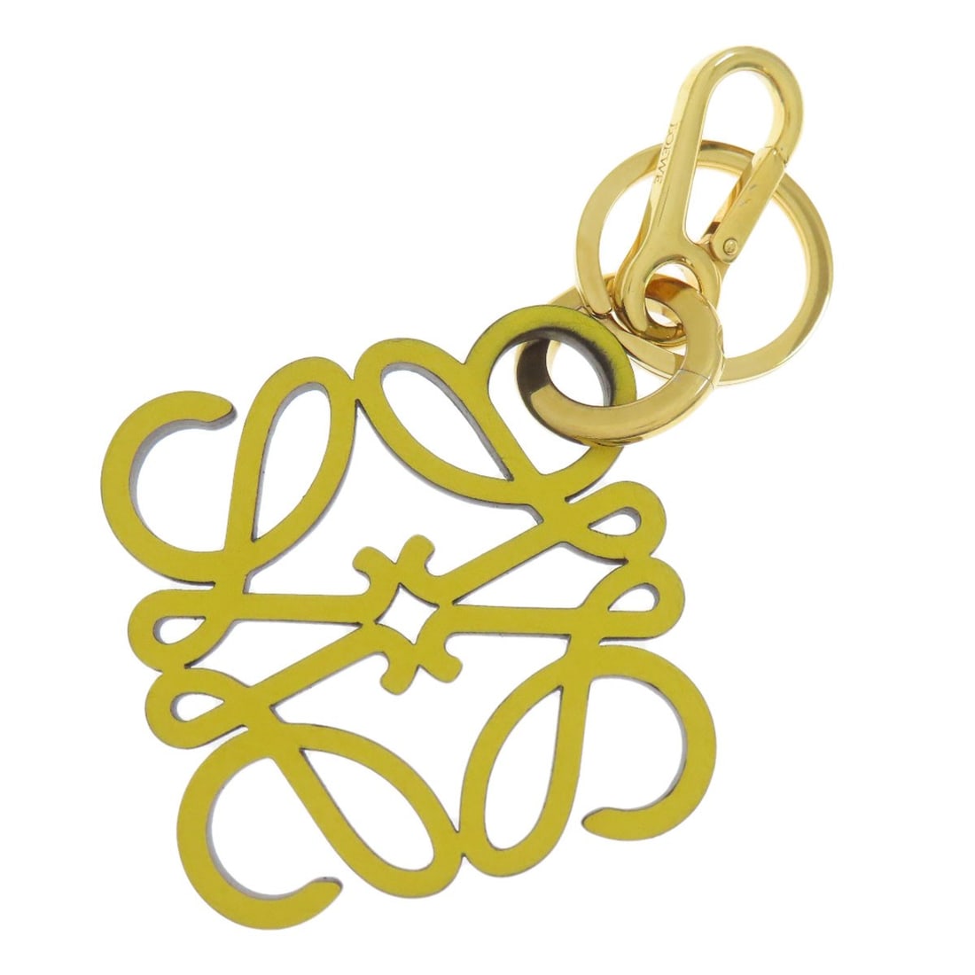 Charm Loewe Anagram Key Metal Leather Ring: Charm Loewe Anagram Key Metal Leather Ring Yellow metal charm ring from LOEWE, featuring an anagram design. The ring's exterior is a bright yellow color, adding a pop of color to any keychain. This ke