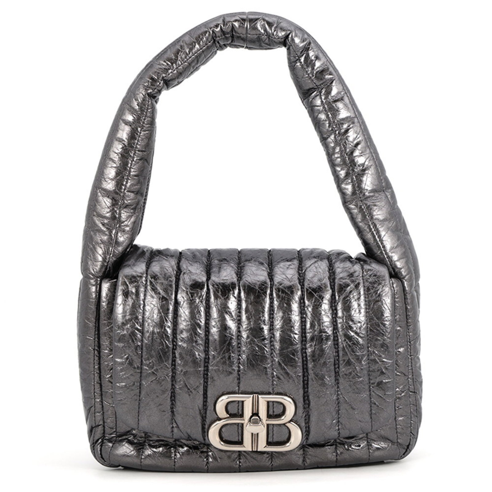 Bag Shoulder Leather Balenciaga: Bag Shoulder Leather Balenciaga Bag Shoulder Leather Balenciaga is made from high-quality leather, featuring a metallic gray color and a distinctive shoulder design. The bag measures 18cm x 26cm x 11c