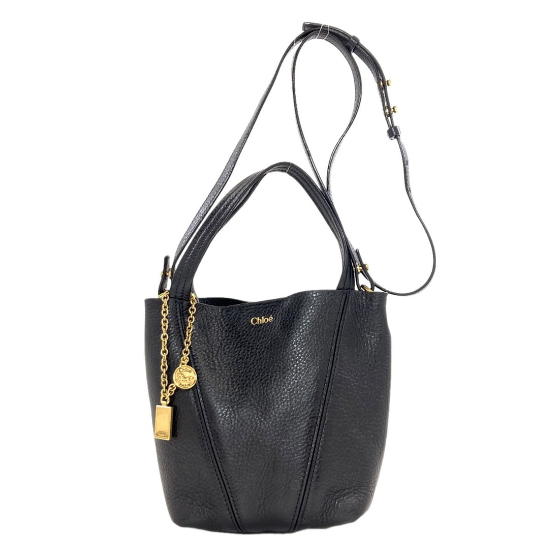 Chloe Pin Small Leather Handbag 2Way: Chloe Pin Small Leather Handbag 2Way Small and sleek, this black Chloe Pin Small Leather Handbag 2Way features a magnetic closure and measures 7.5 inches tall and 5.9 inches wide. Made from high-quali