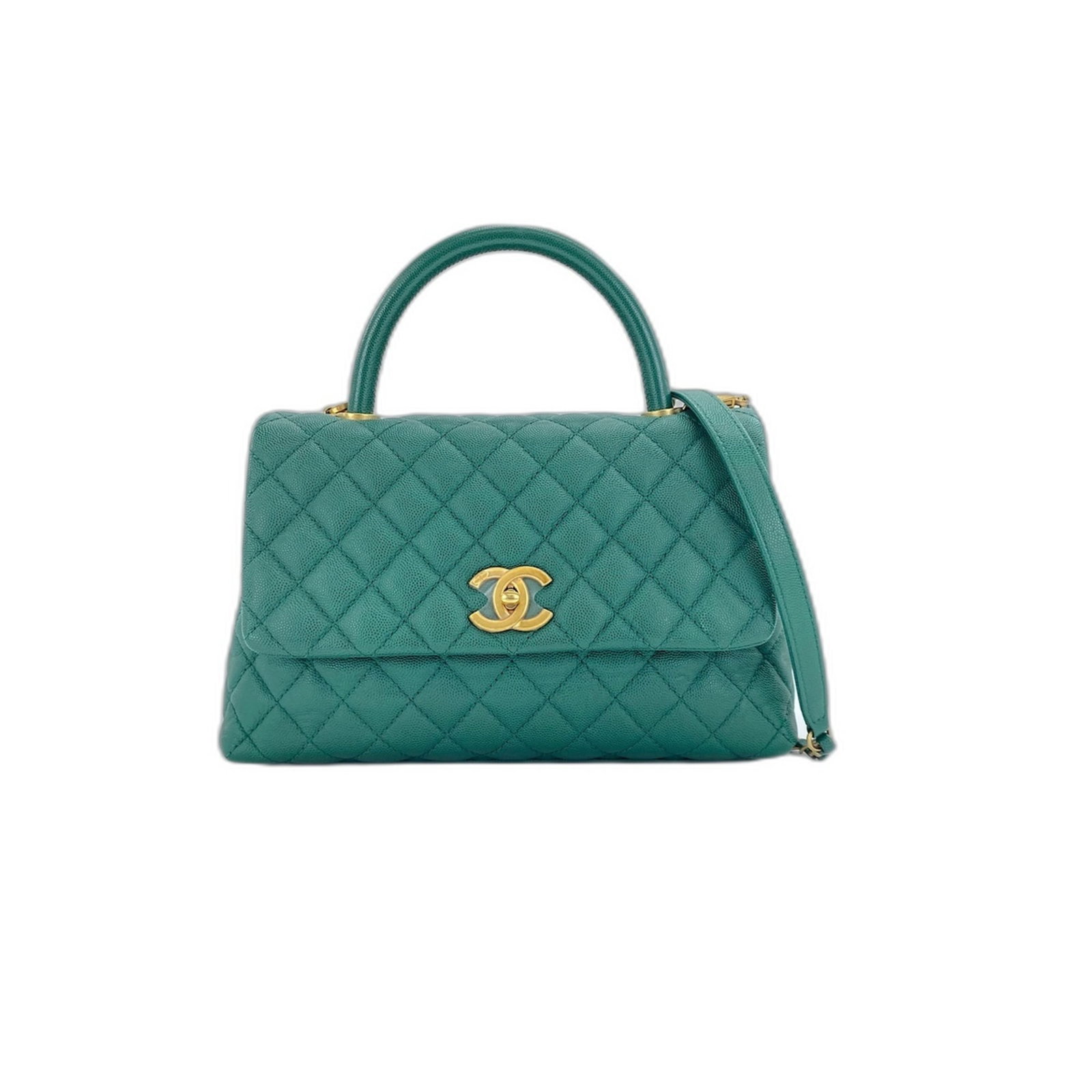 Handbag Chanel: Handbag Chanel This Chanel handbag boasts a striking green hue, measuring 19cm x 28cm x 11cm, with a 9.00cm handle drop. The bag's sleek design and compact size make it a stylish addition to any