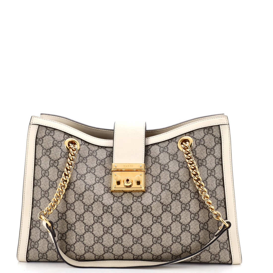 Gucci Tote Padlock Chain Medium GG Coated Canvas with Leather: Gucci Tote Padlock Chain Medium GG Coated Canvas with Leather This Gucci Tote Padlock Chain Medium GG Coated Canvas with Leather features a striking white exterior with a medium size and gold