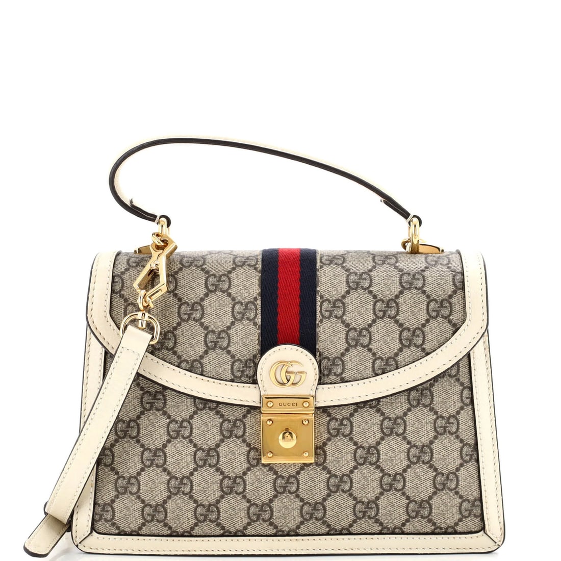 Flap Top Handle Small GG Coated Canvas Bag Gucci: Flap Top Handle Small GG Coated Canvas Bag Gucci Small GG Coated Canvas Bag with Flap Top Handle, featuring a neutral exterior and interior, and gold hardware. Measuring 7" in height, 10" in width,