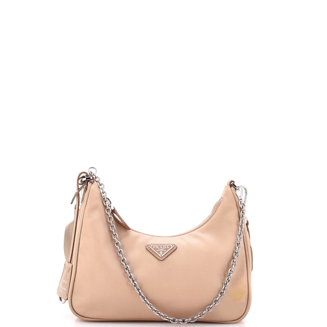 Re Edition Small Prada 2005 Bag Tessuto Shoulder: Re Edition Small Prada 2005 Bag Tessuto Shoulder Small Re Edition Prada 2005 Tessuto Shoulder Bag in Neutral Nylon Exterior. This cross-body bag features a neutral exterior with minor stains, edge wea