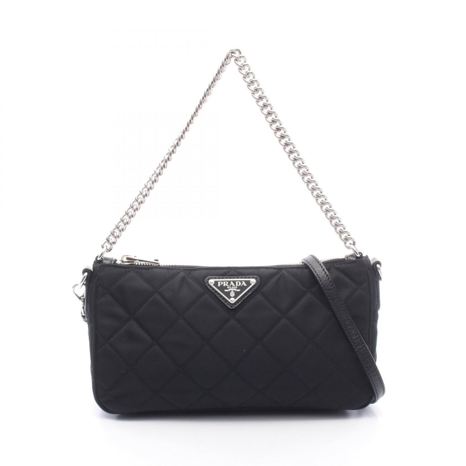Handbag Nylon Leather Bag Prada Shoulder: Handbag Nylon Leather Bag Prada Shoulder Prada's nylon leather shoulder bag boasts a sleek black design, combining durable nylon with premium leather accents. Measuring 13cm x 22.5cm x 6cm, this compa