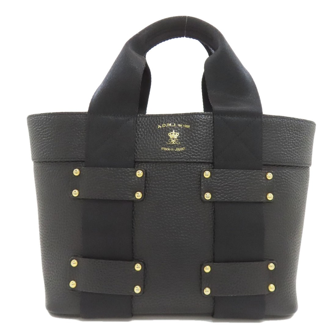 Handbag Leather Admj: Handbag Leather Admj This black leather handbag features a sleek and sophisticated design, crafted from high-quality leather. The exterior bears a signature, adding a touch of elegance to this
